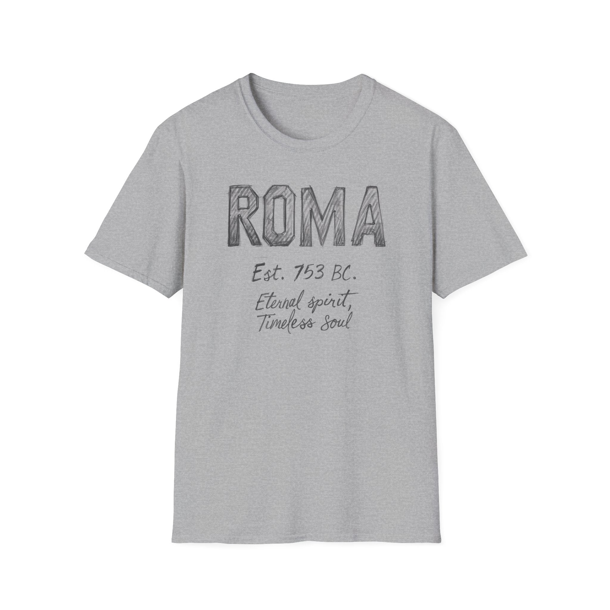 Roma Vintage Script T-Shirt — 'Roma Est. 753 BC, Eternal spirit, Timeless soul'