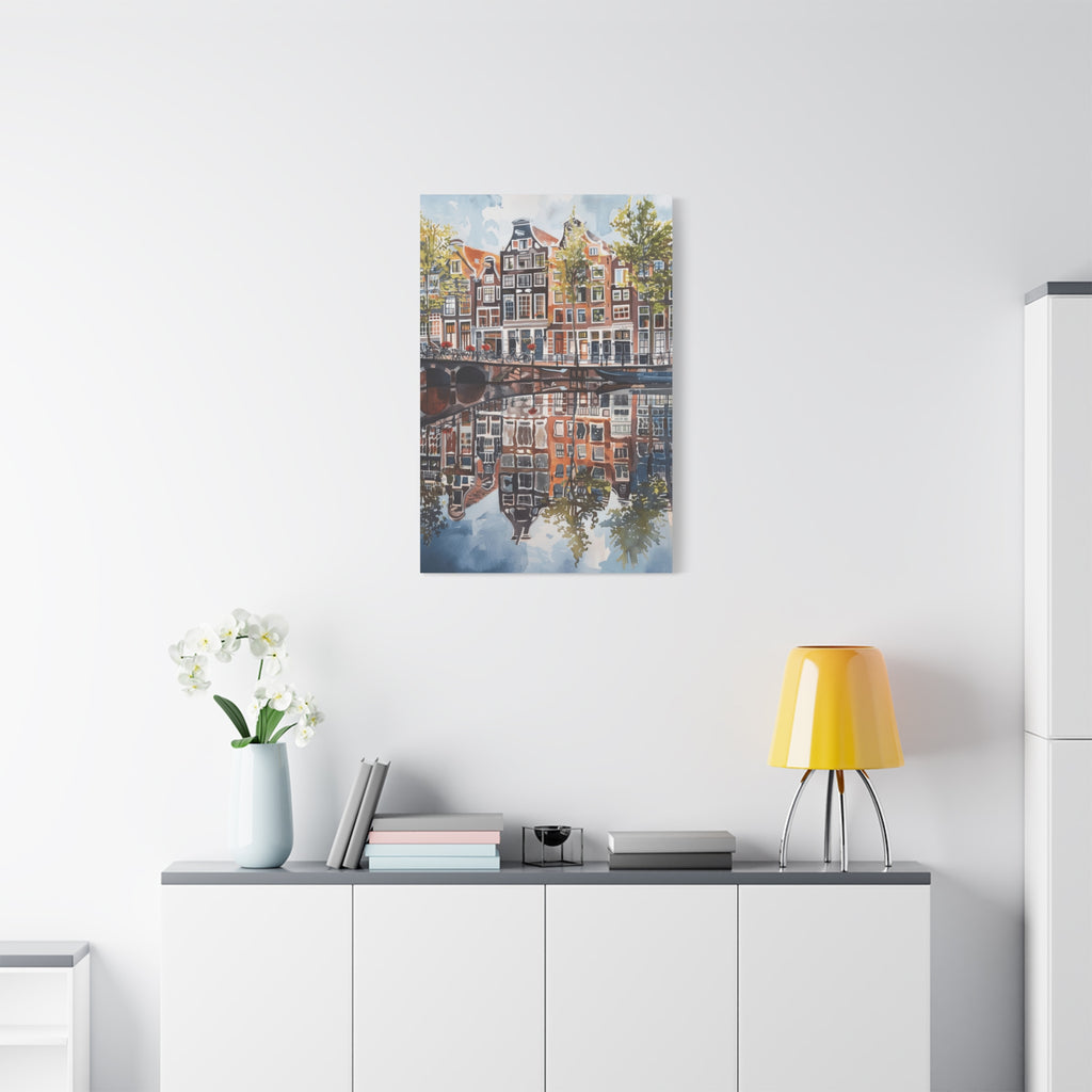 Amsterdam Canal Reflection Canvas Print — European Cityscape Wall Art