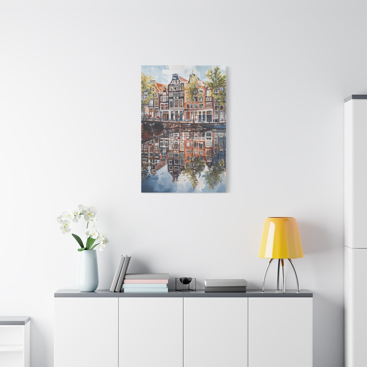 Amsterdam Canal Reflection Canvas Print — European Cityscape Wall Art