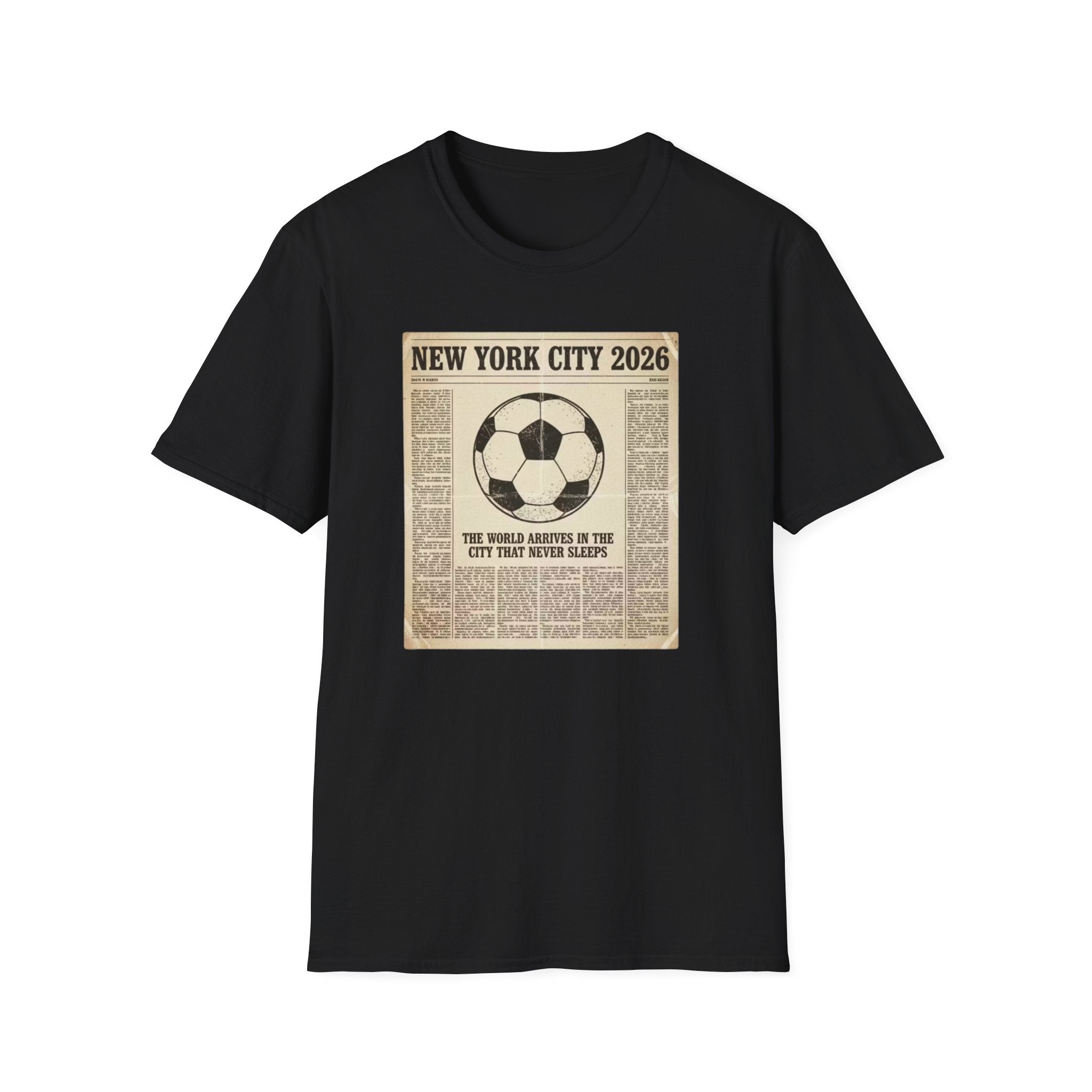 Soccer Newspaper T-Shirt — New York City 2026 Vintage Soccer Tee