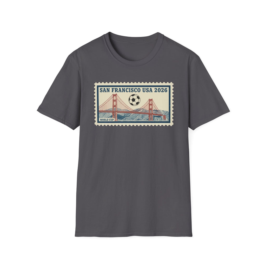 San Francisco 2026 Golden Gate Stamp T-Shirt — Vintage Soccer Postage Design