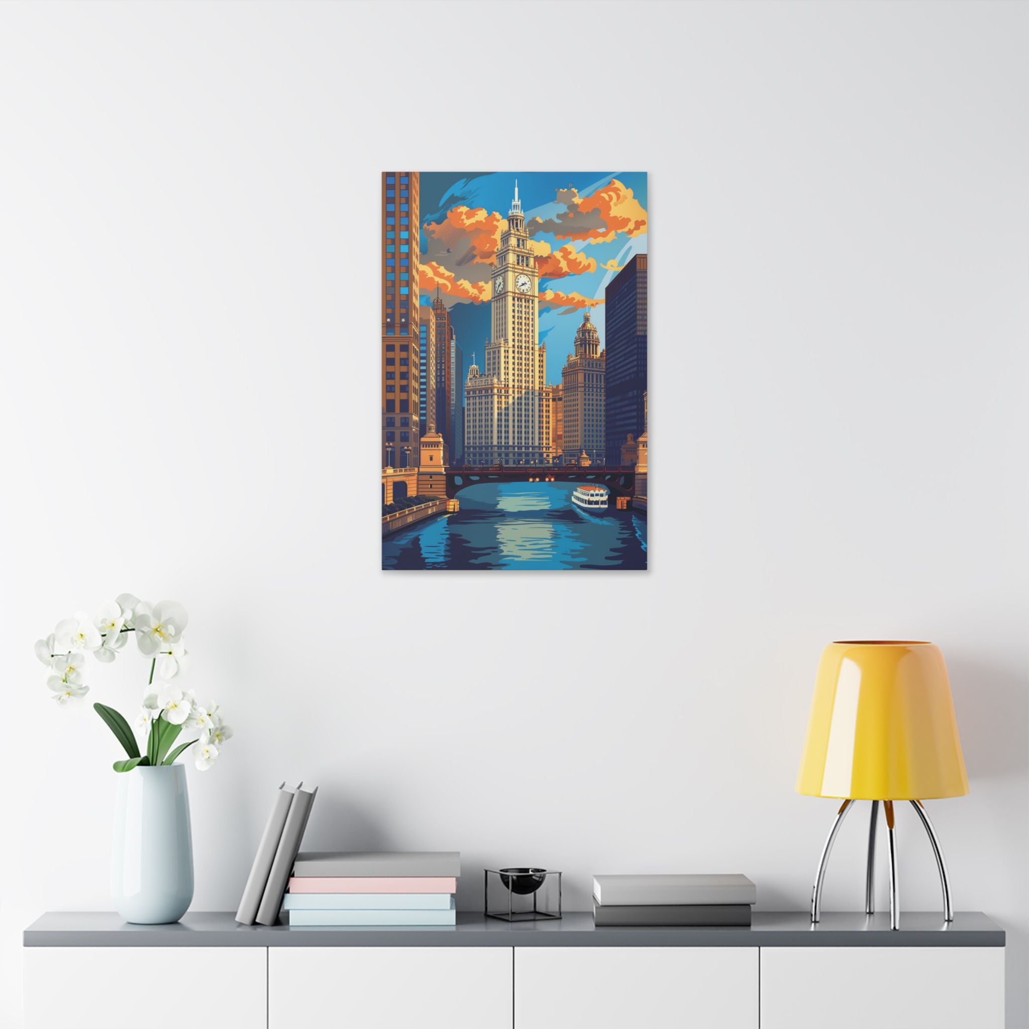 Chicago River Skyline Stretched Canvas — Vintage Cityscape Wall Art