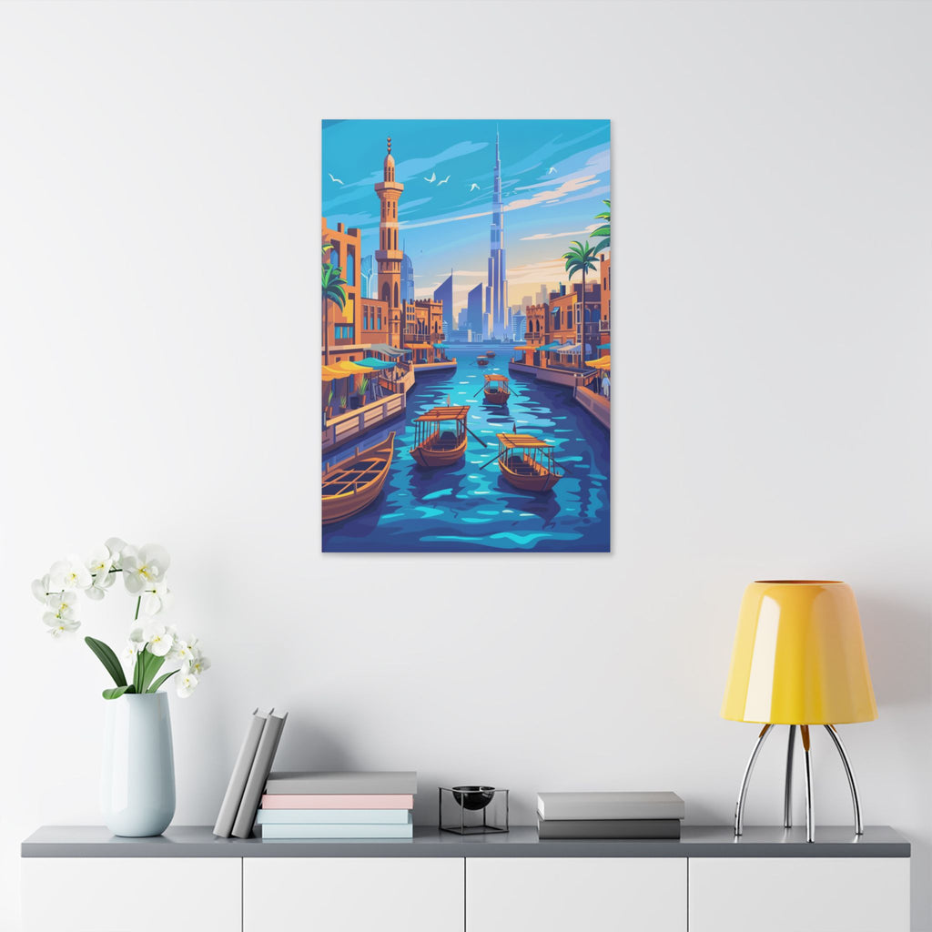 Dubai Creek Cityscape Canvas – Colorful Dubai Skyline Stretched Wall Art