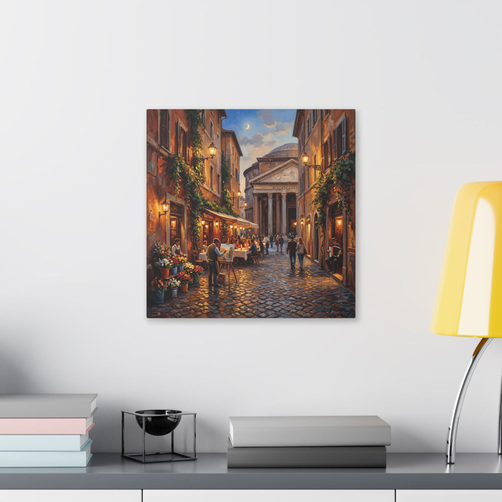 Romantic European Street Canvas — Evening Cafe by the Pantheon