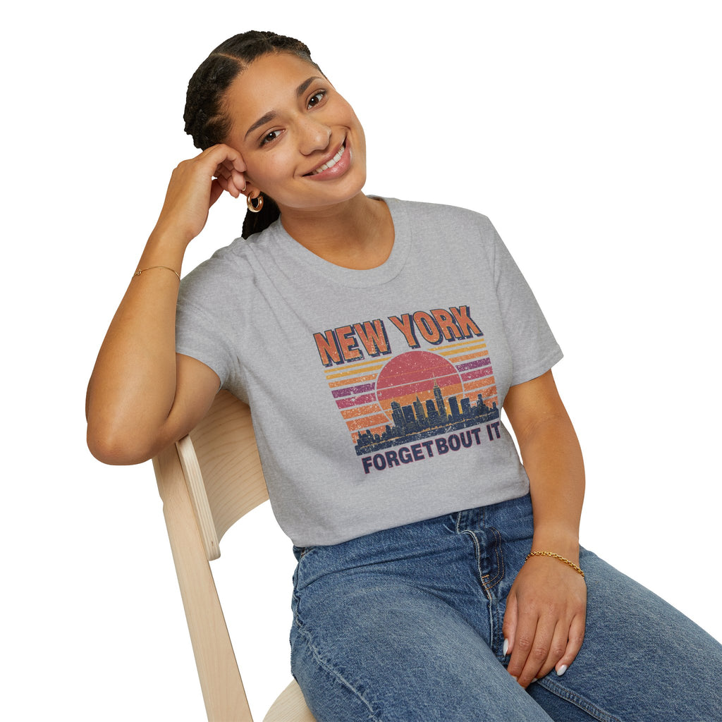 New York Skyline T‑Shirt – “Forgetbout It” Vintage Sunset Tee