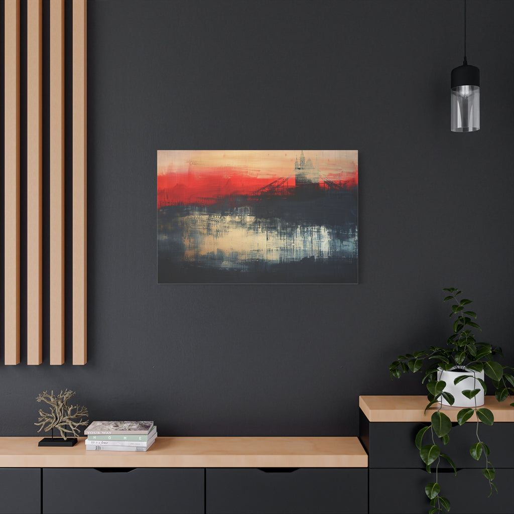 Abstract London Bridge Canvas Wall Art – Red & Navy Stretched Painting
