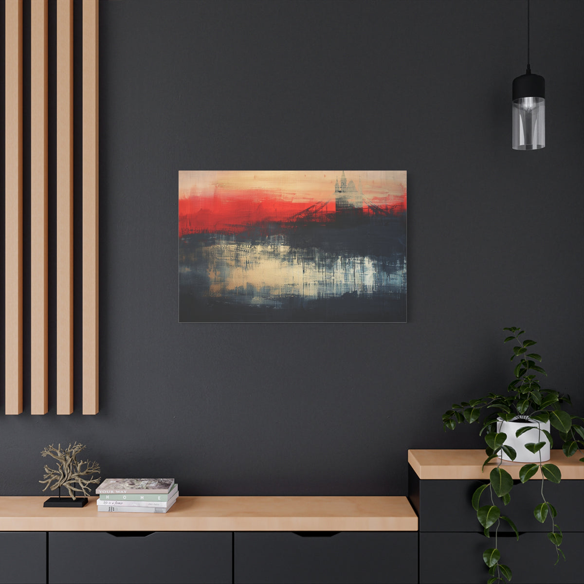 Abstract London Bridge Canvas Wall Art – Red & Navy Stretched Painting