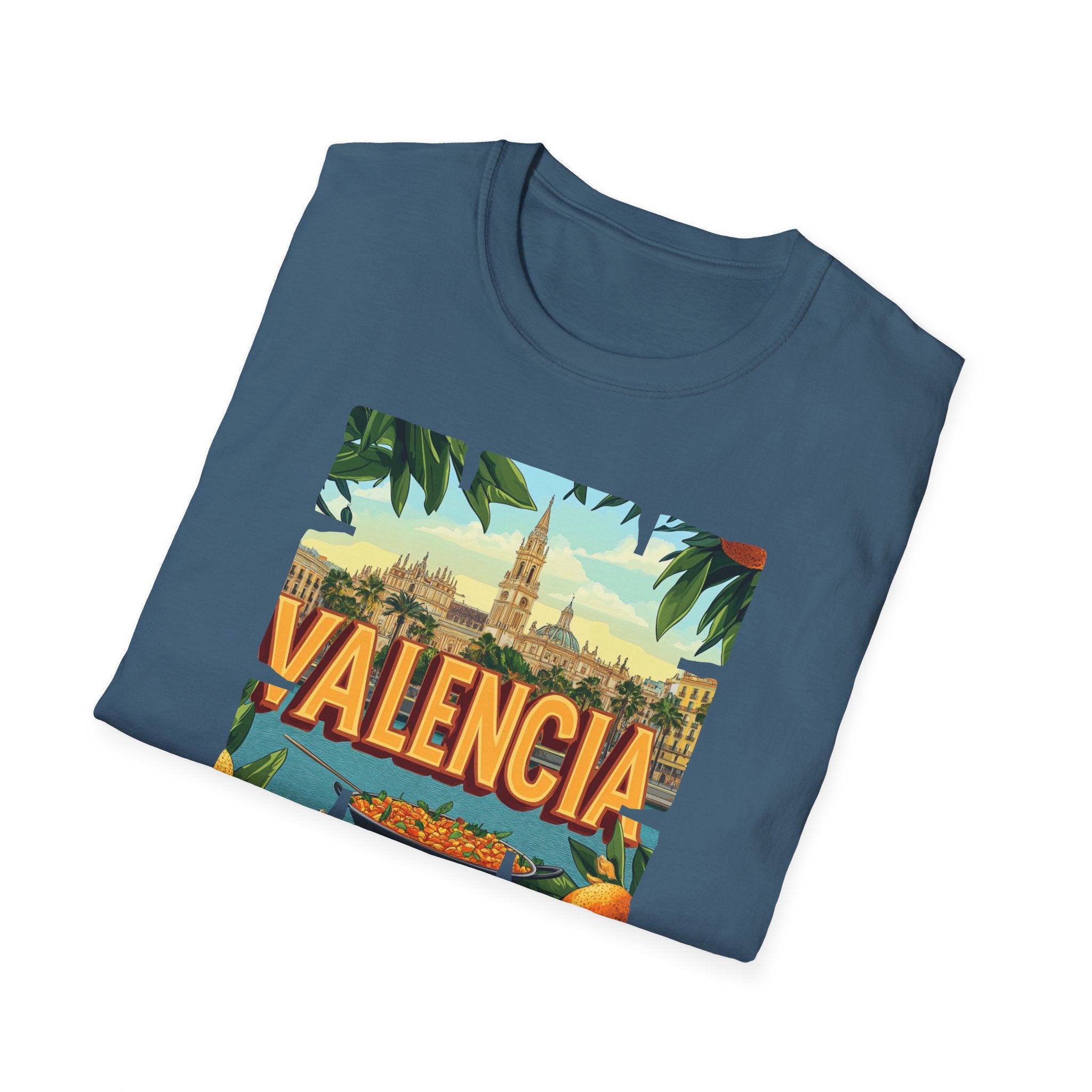 Valencia vintage travel postcard T-Shirt | Spain city skyline, oranges, palm leaves