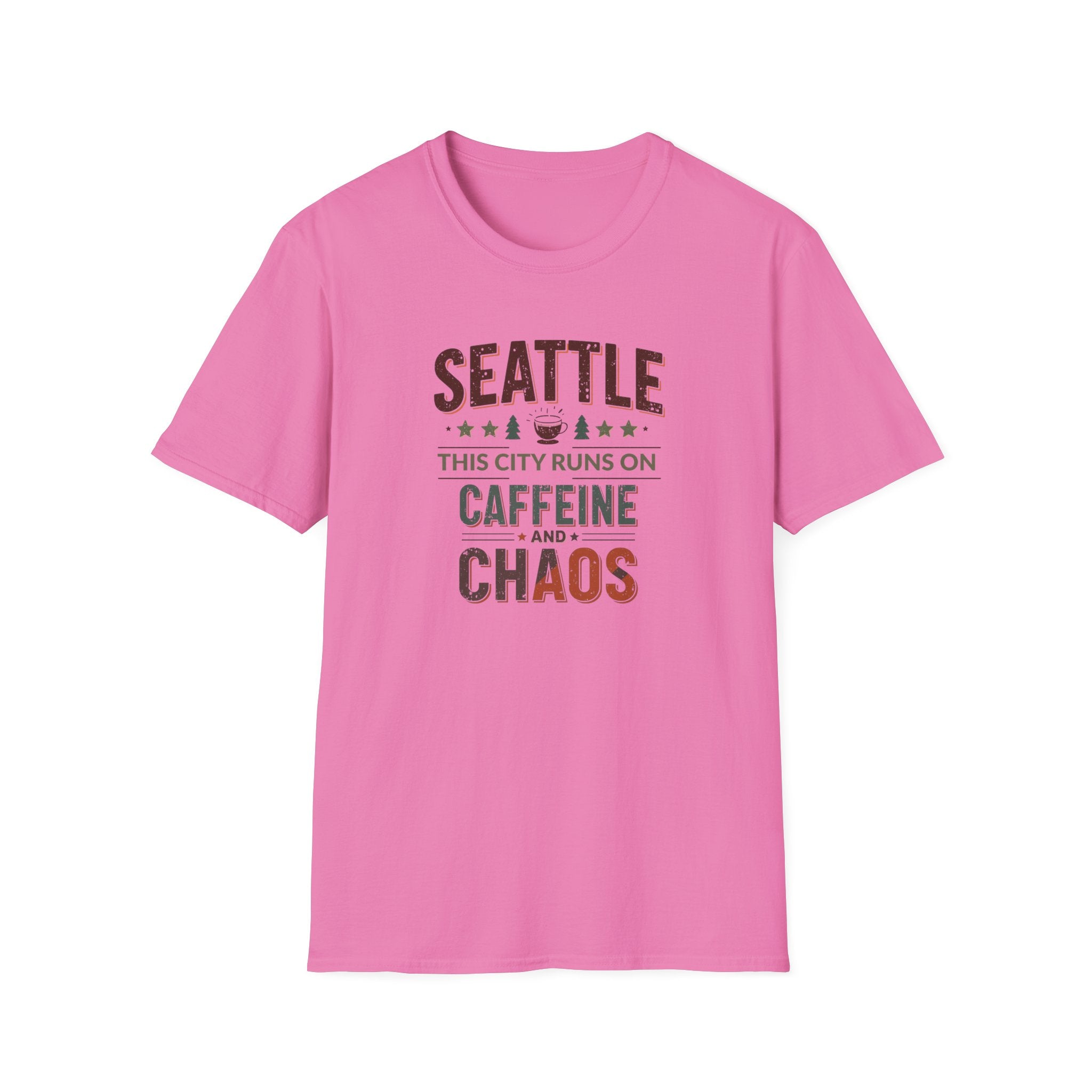 Seattle T-Shirt — "This City Runs on Caffeine and Chaos"