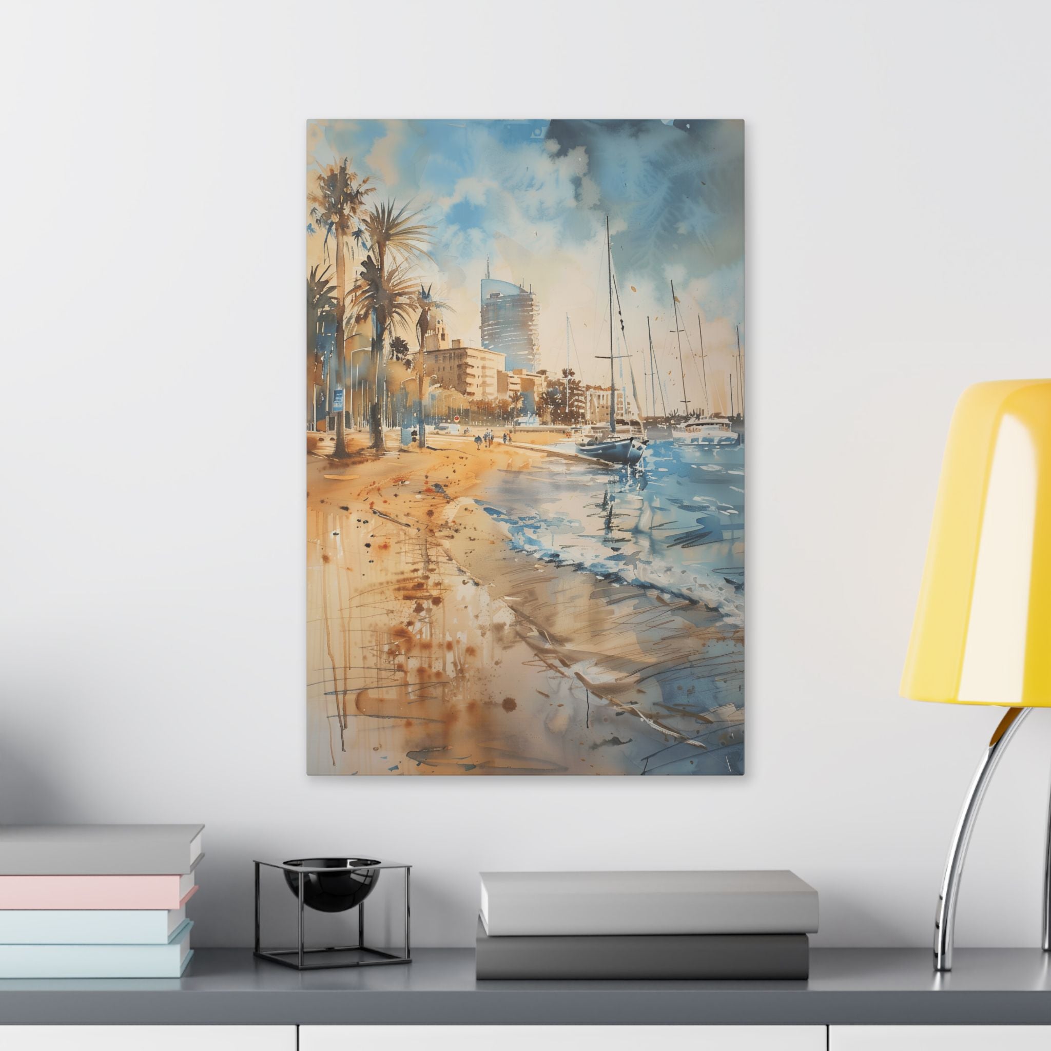 Barcelona Coastal Harbor Beach Stretched Canvas — Seaside Watercolor Wall Art