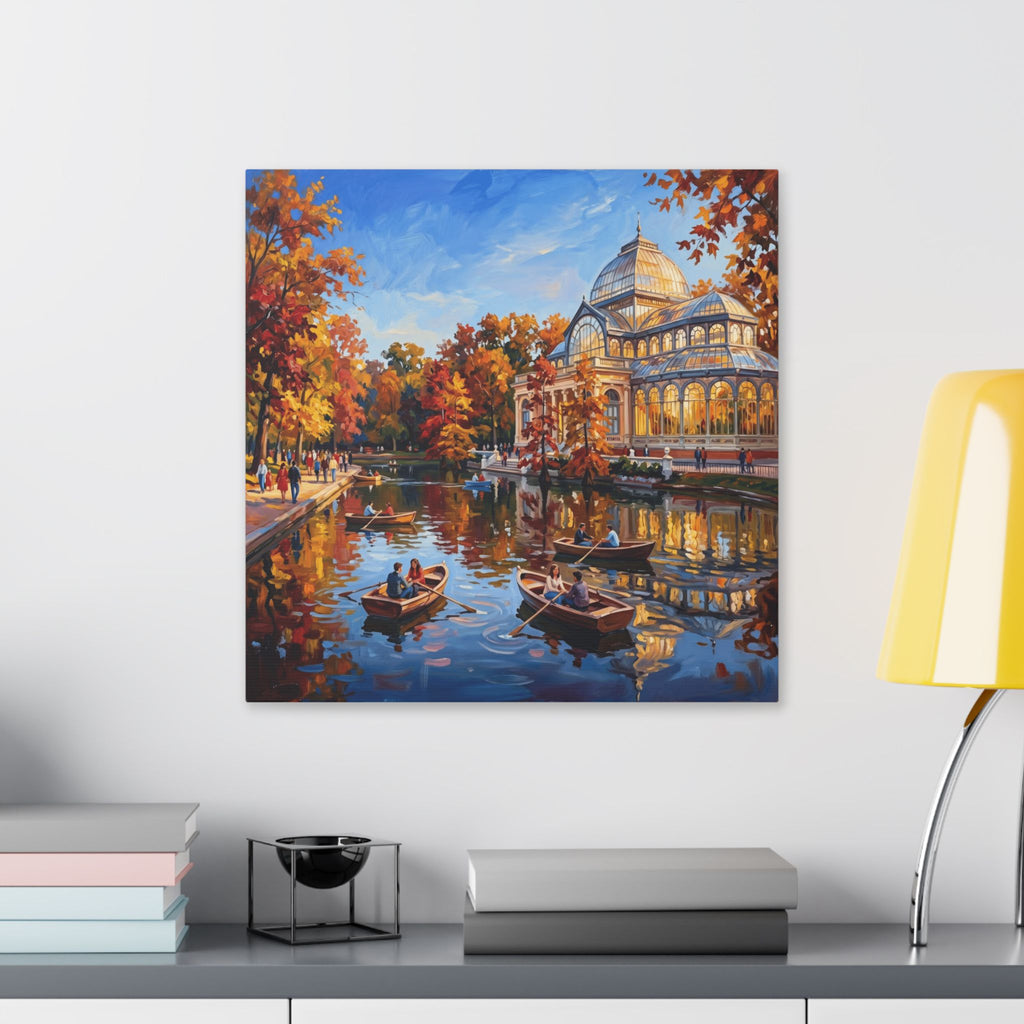 Madrid Retiro Park - Autumn Evening Rowboats — Stretched Canvas Wall Art