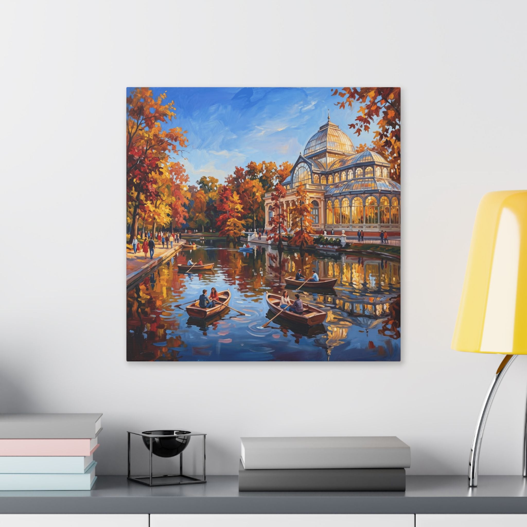 Madrid Retiro Park - Autumn Evening Rowboats — Stretched Canvas Wall Art