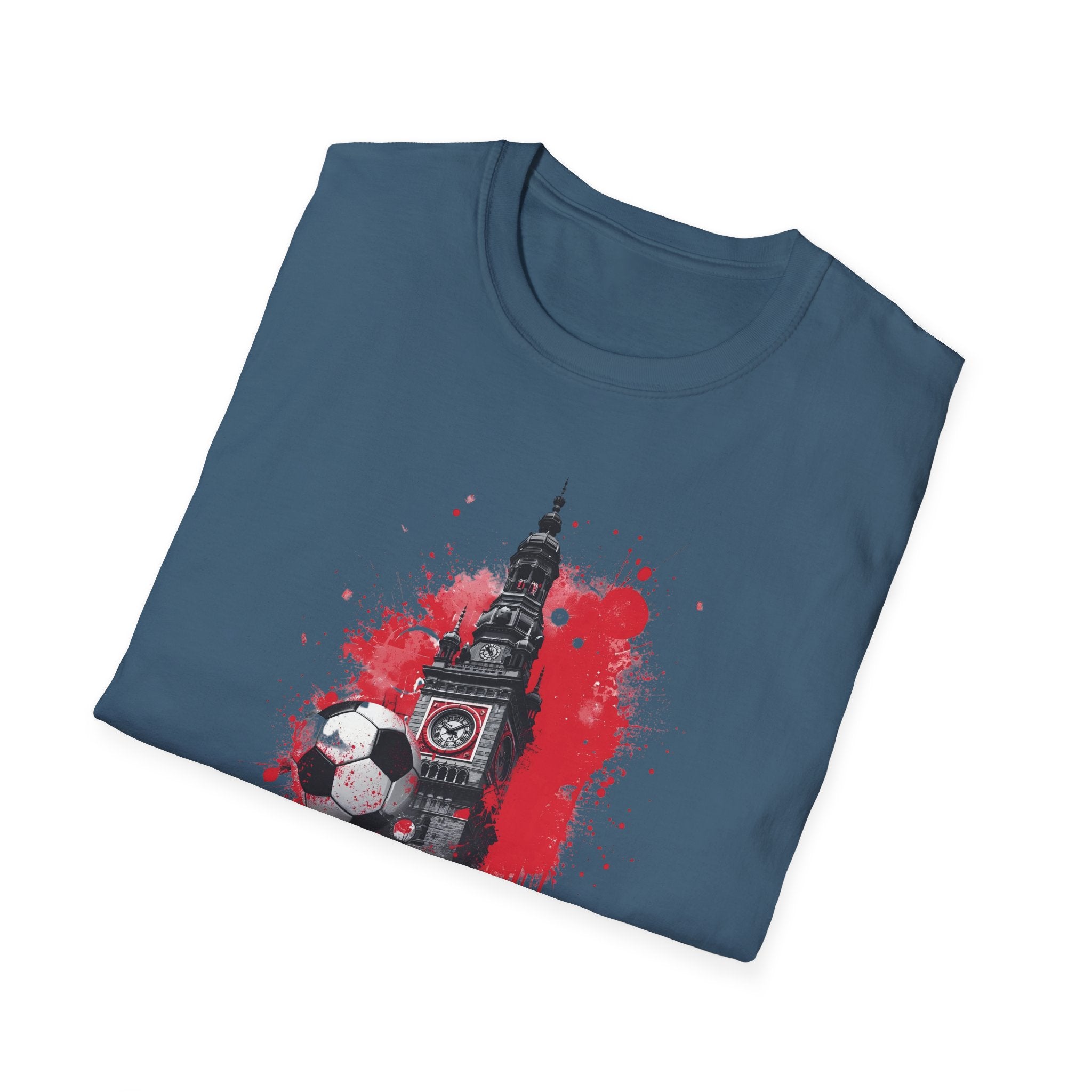 Munich Football Illustration T-Shirt | Soccer Ball, Clock Tower, Red Paint Splatter