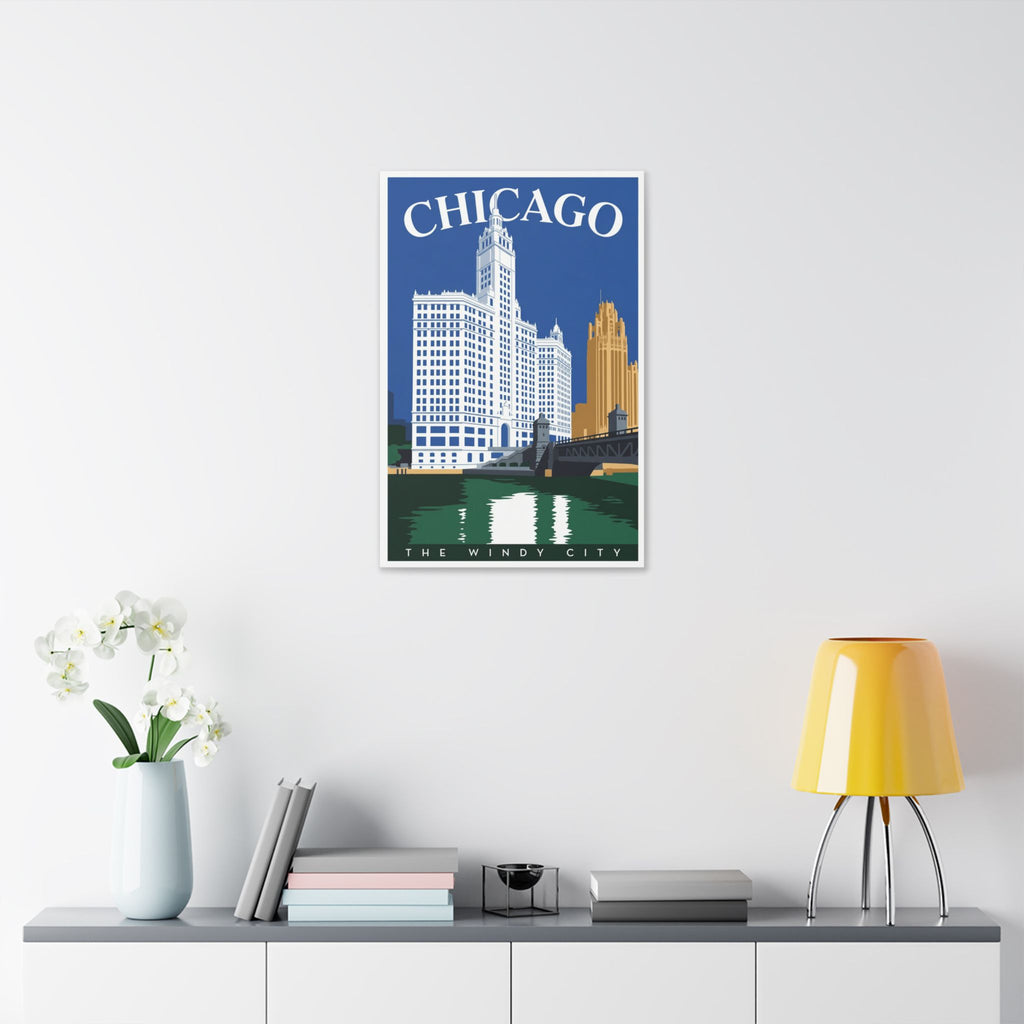 Chicago Skyline Stretched Canvas – The Windy City Retro Travel Art