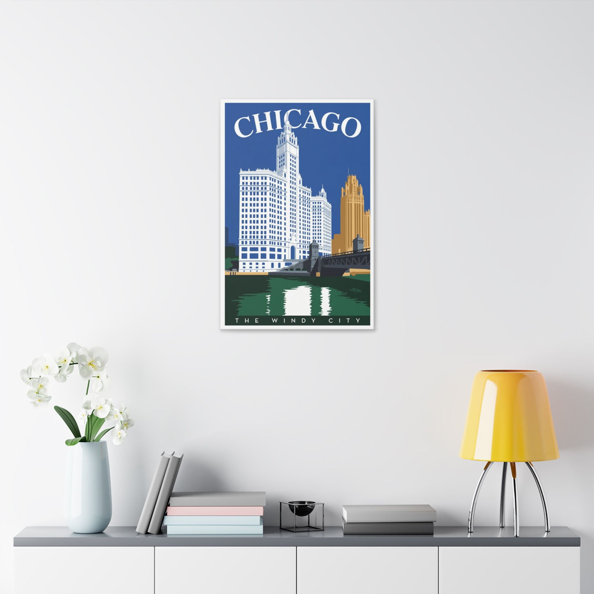 Chicago Skyline Stretched Canvas – The Windy City Retro Travel Art