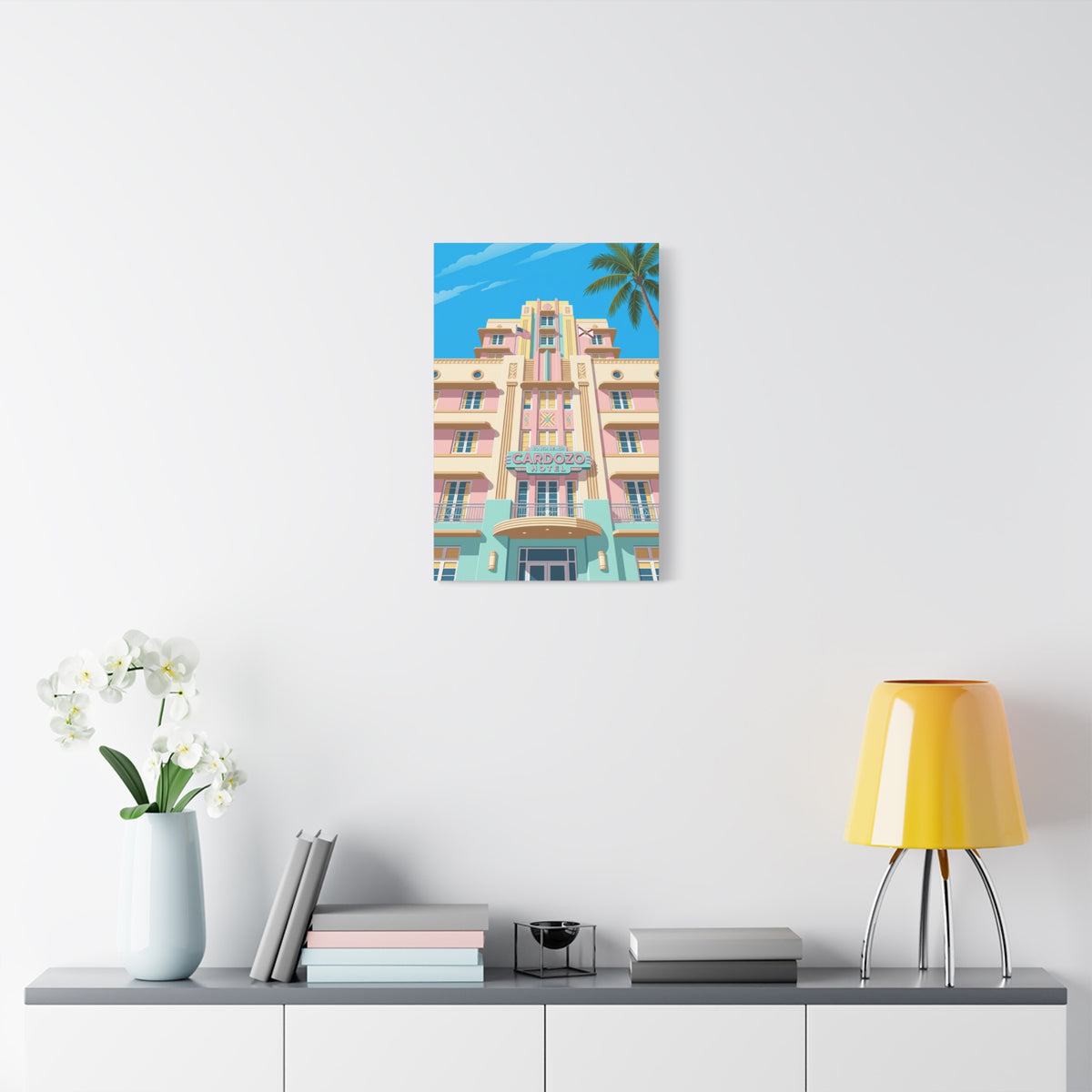 Art Deco Beach Hotel Canvas — Miami Palm Retro Stretched Wall Art
