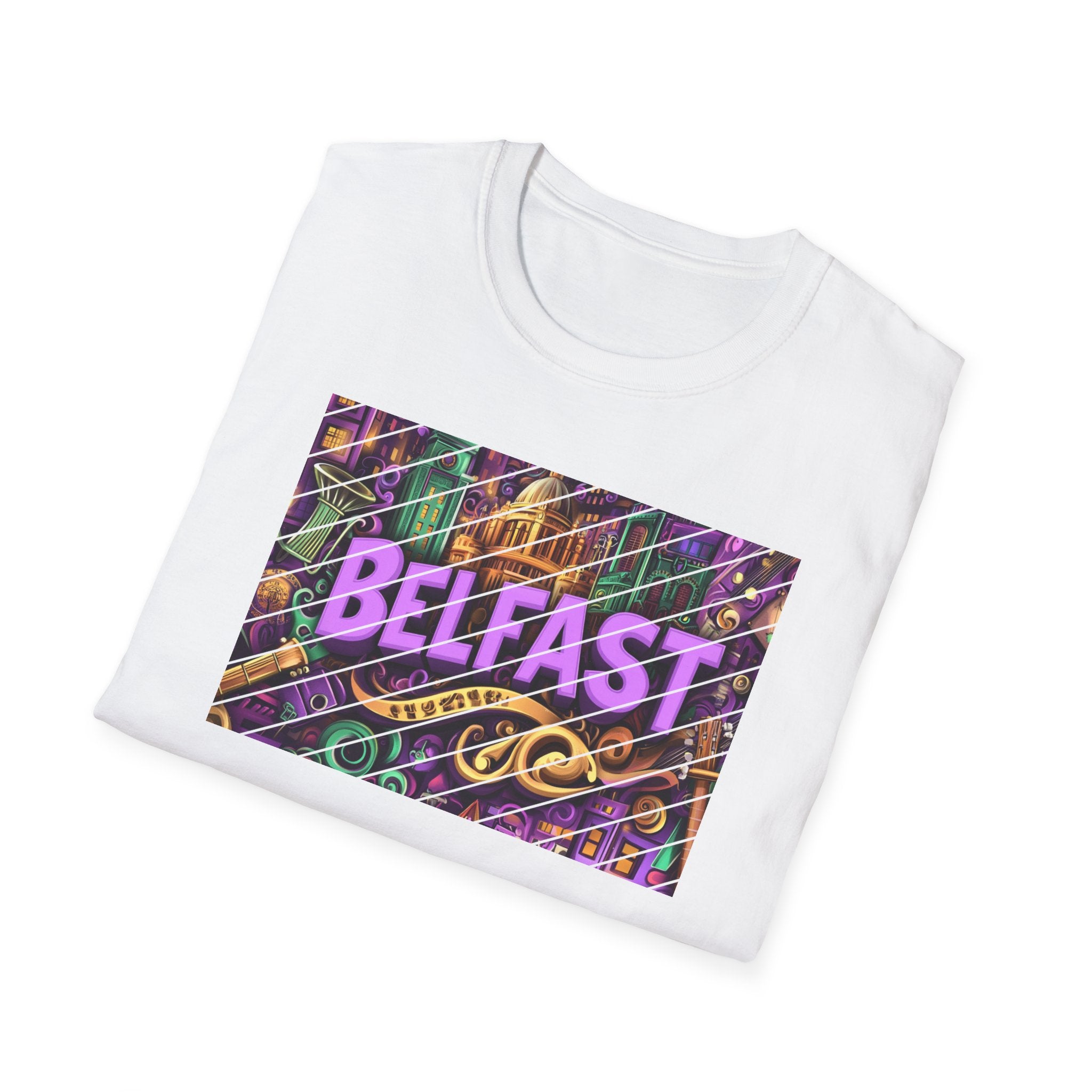 Belfast Neon Script T-Shirt | Retro Rainbow Stripes