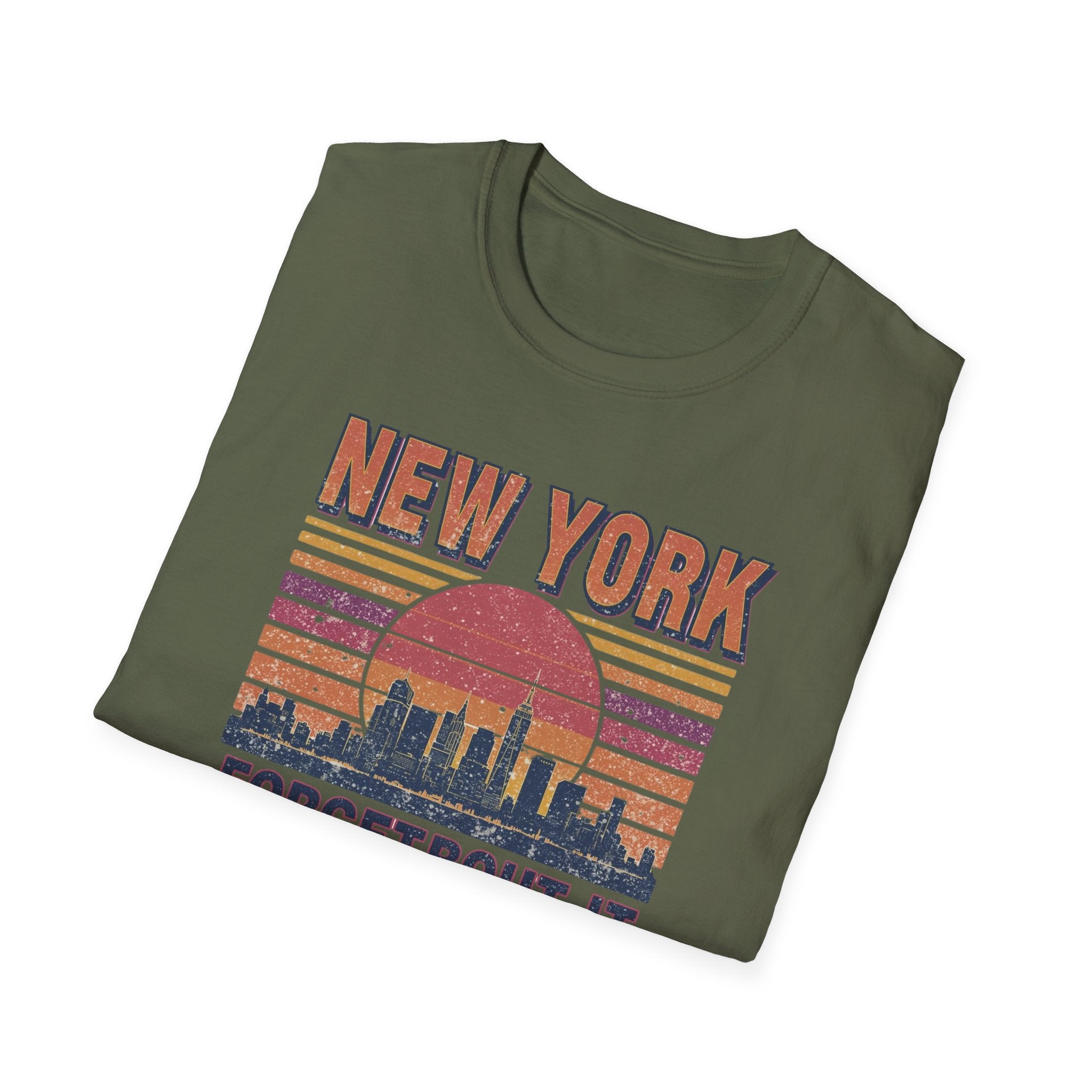 New York Skyline T‑Shirt – “Forgetbout It” Vintage Sunset Tee