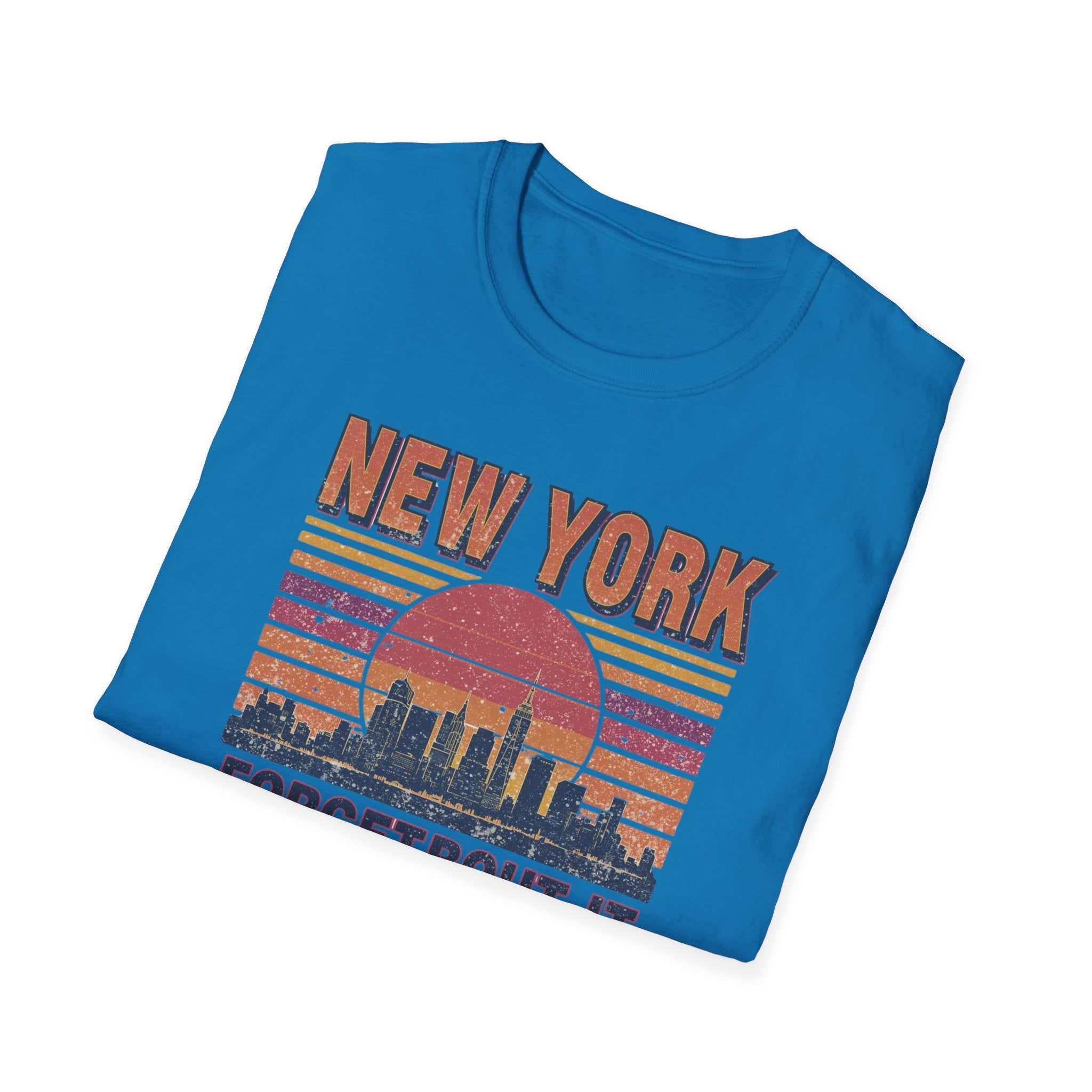 New York Skyline T‑Shirt – “Forgetbout It” Vintage Sunset Tee