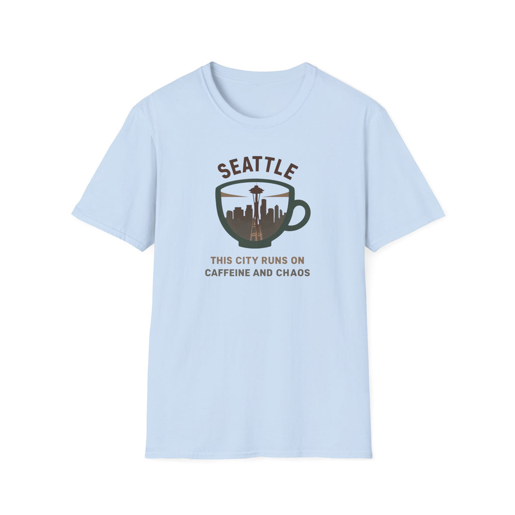 Seattle Coffee City T-Shirt — "This City Runs on Caffeine and Chaos"