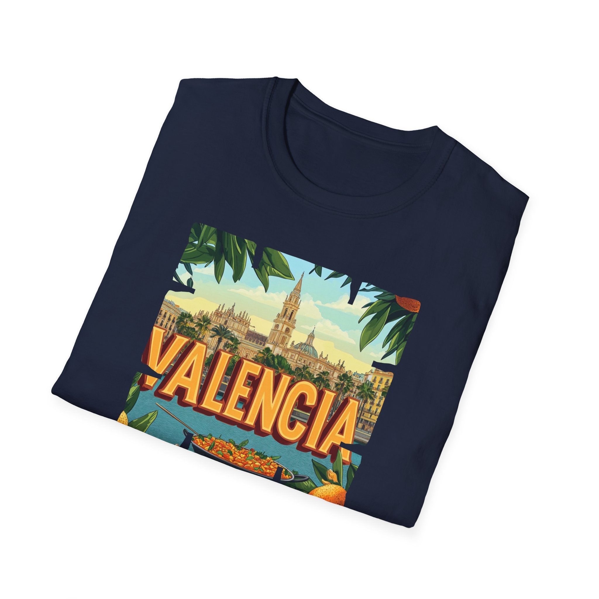 Valencia vintage travel postcard T-Shirt | Spain city skyline, oranges, palm leaves