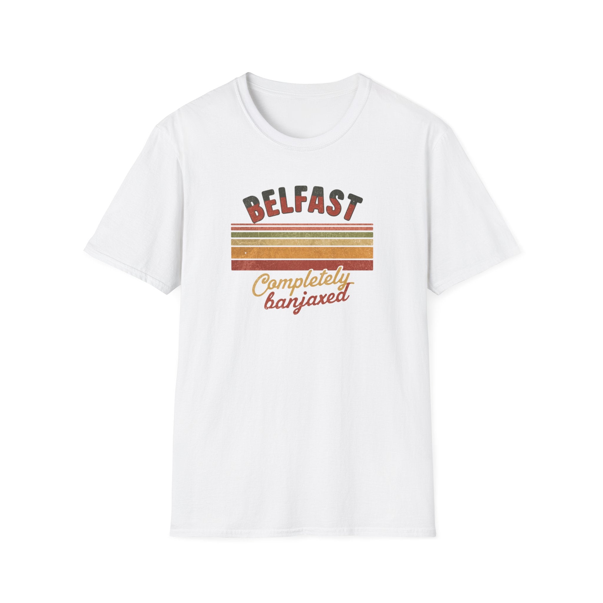 Belfast 'Completely Banjaxed' Retro Stripe T-Shirt — Vintage Irish Humor Tee