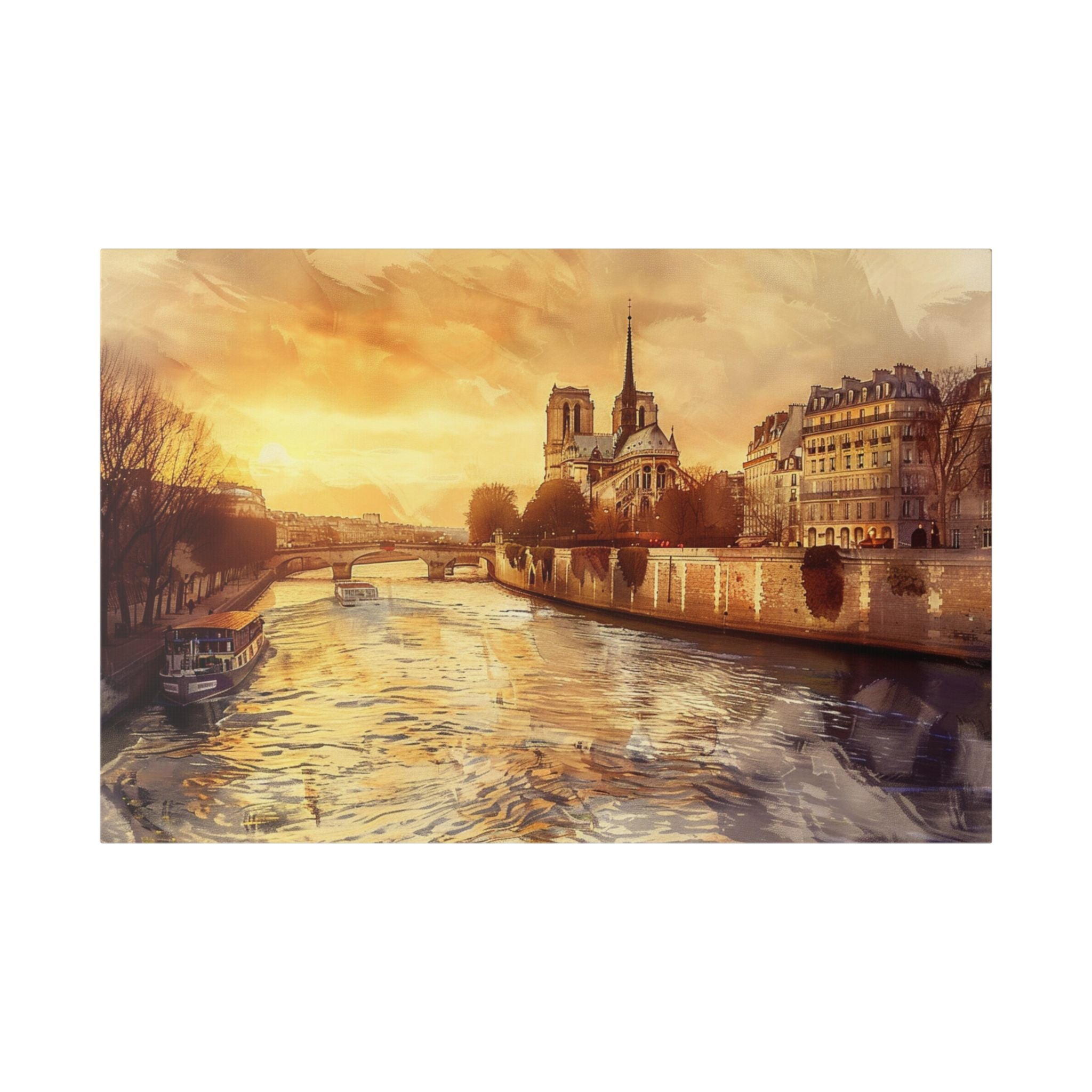 Paris Seine River Canvas Wall Art — Notre Dame Sunset Stretched Canvas