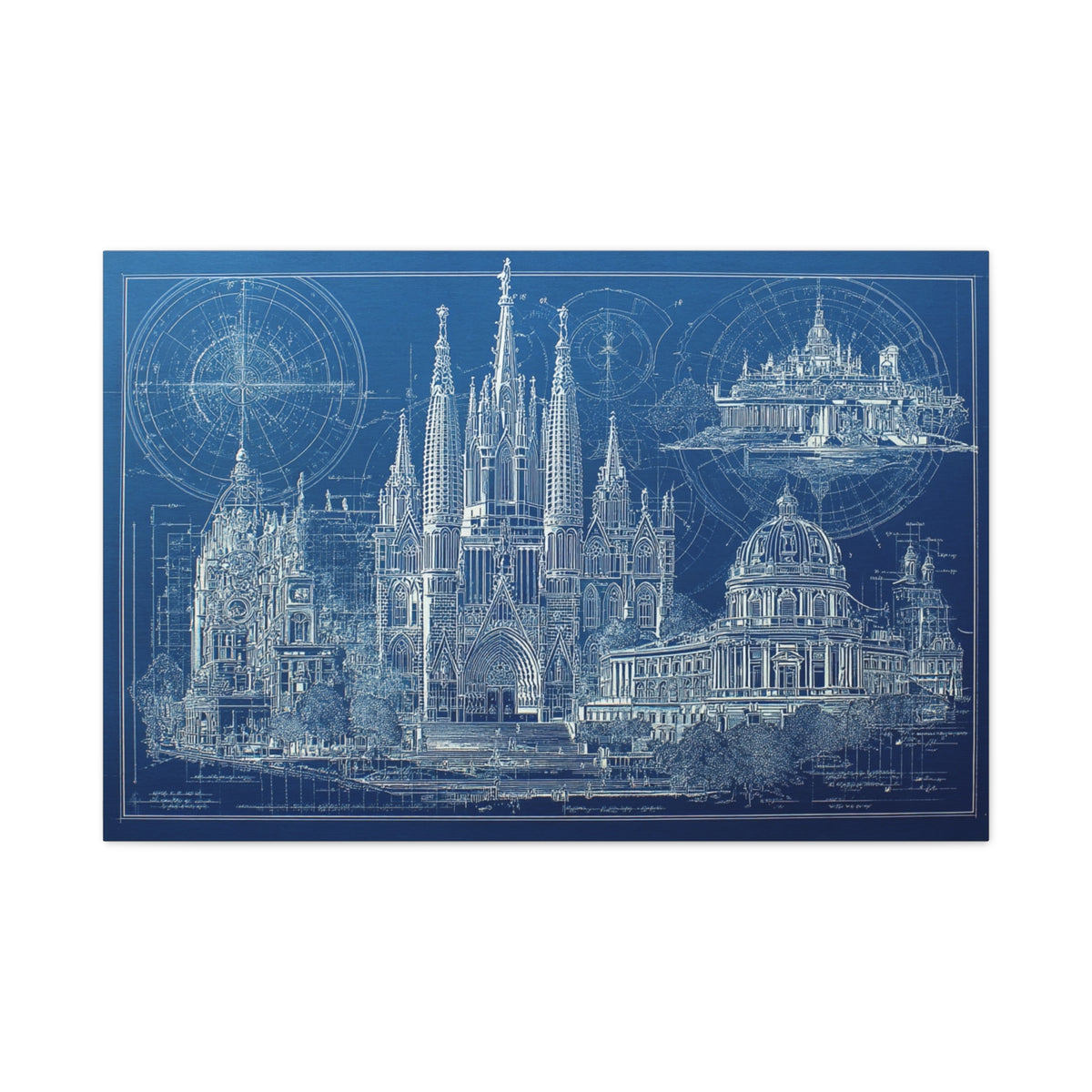 Blueprint Barcelona Canvas Print — Architectural Wall Art, Blueprint / Engraving HORIZONTAL landmarks, Sagrada Família, Park Güell, Casa Batlló
