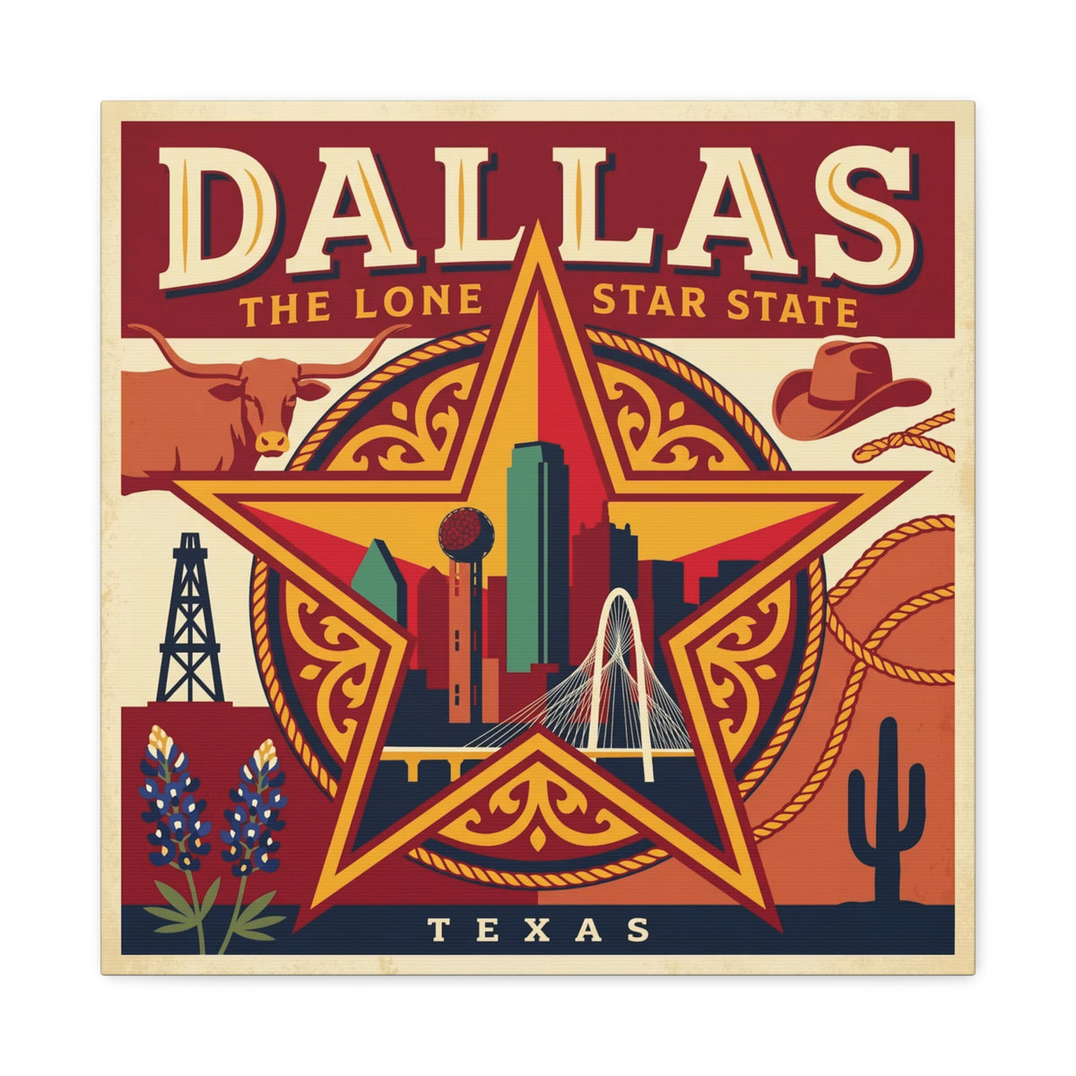 Dallas Lone Star Vintage Canvas Wall Art — Texas Skyline & Western Icons