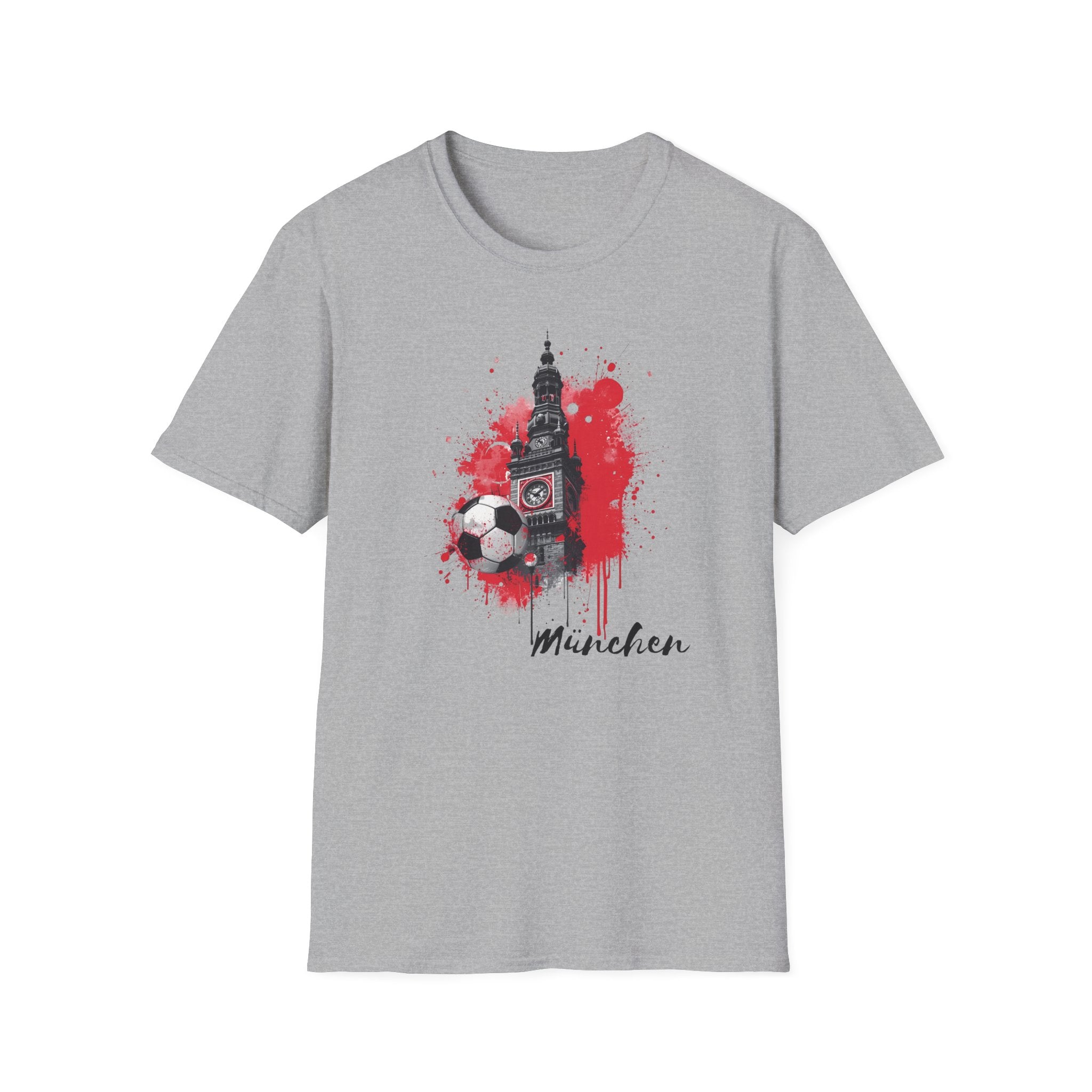 Munich Football Illustration T-Shirt | Soccer Ball, Clock Tower, Red Paint Splatter