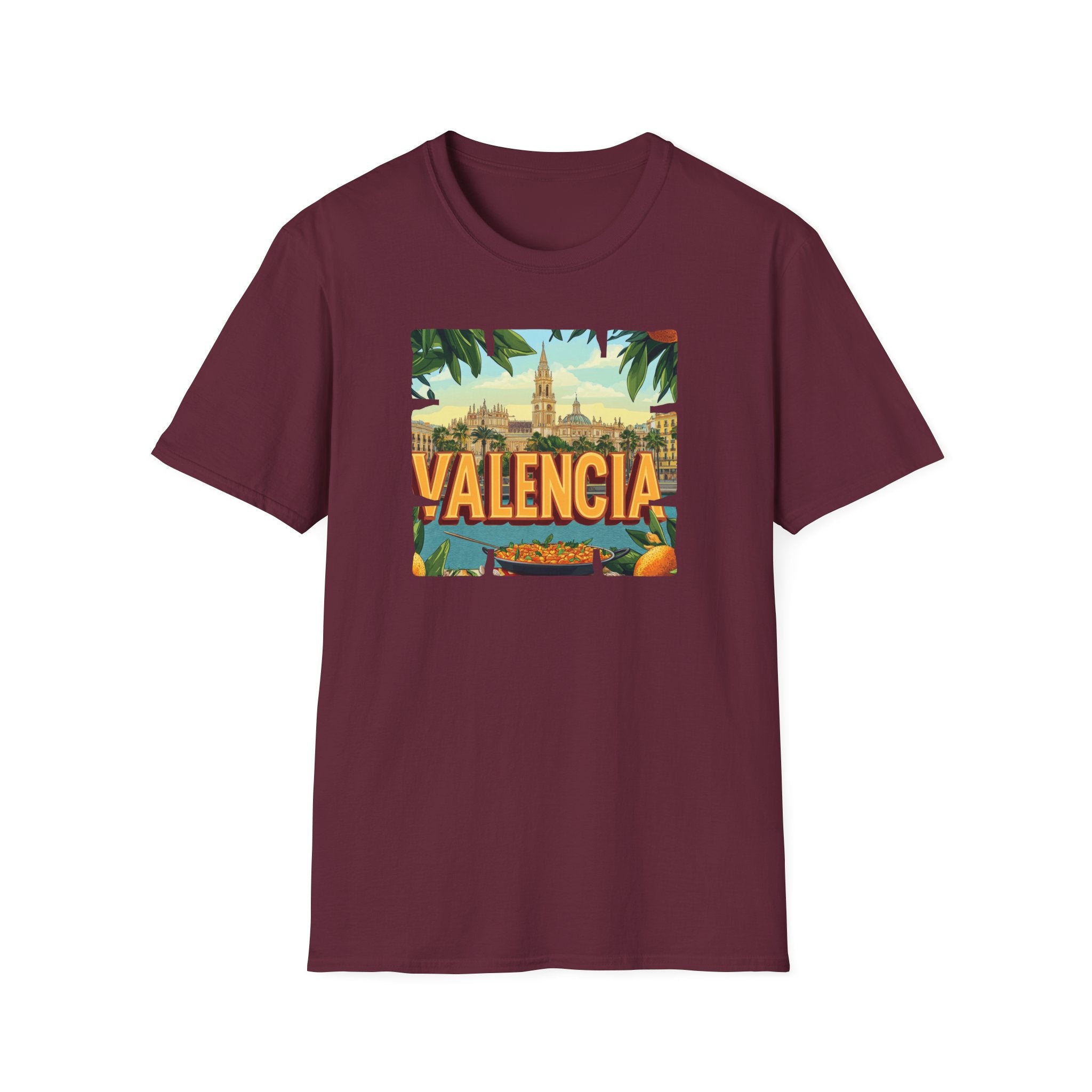 Valencia vintage travel postcard T-Shirt | Spain city skyline, oranges, palm leaves