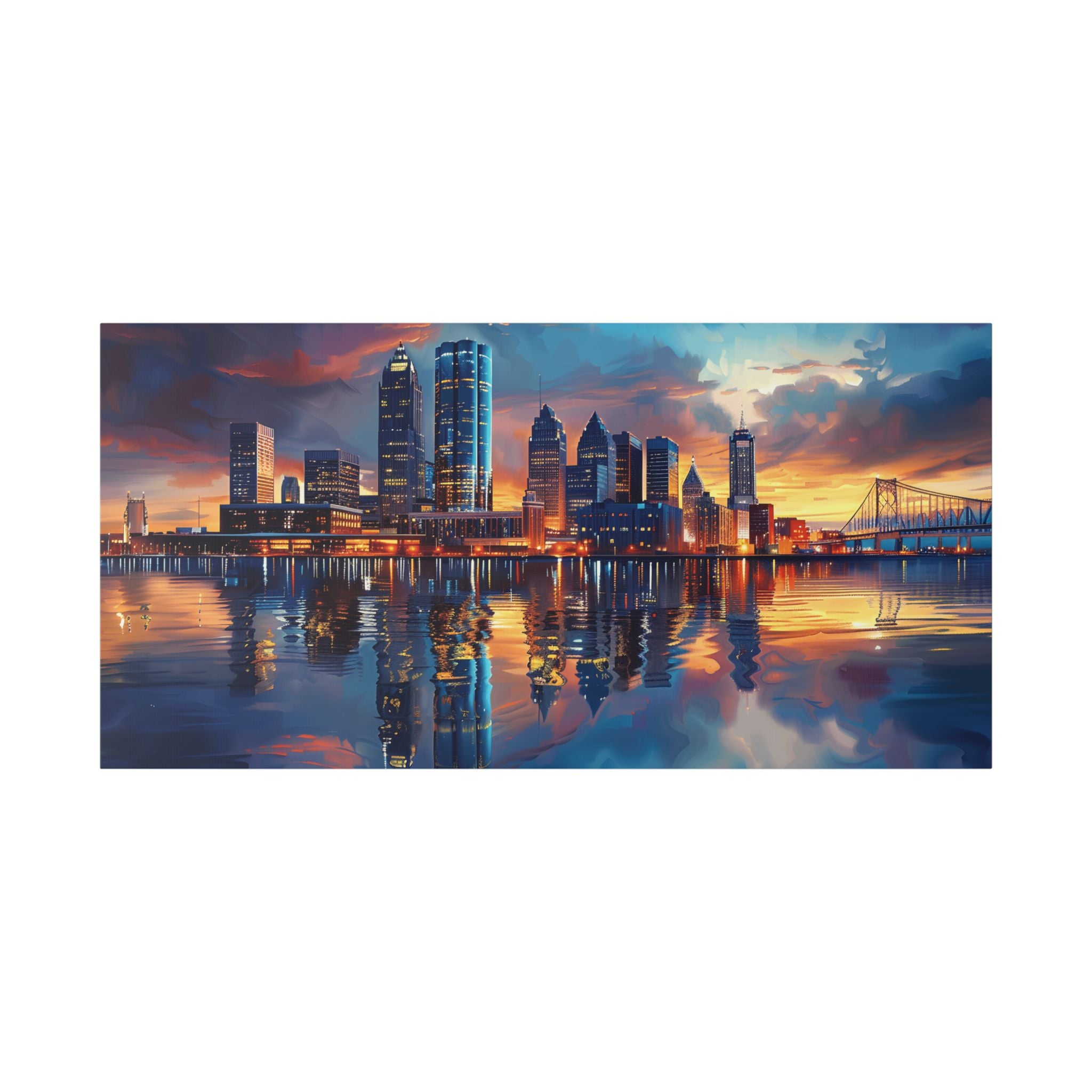 Detroit Skyline - Detroit River - Ambassador Bridge - Cityscape Reflection Canvas Print — Vibrant Skyline Wall Art