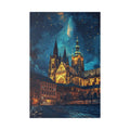 Prague Cathedral Night Skyline Stretched Canvas — Starry Urban Architecture Wall Art