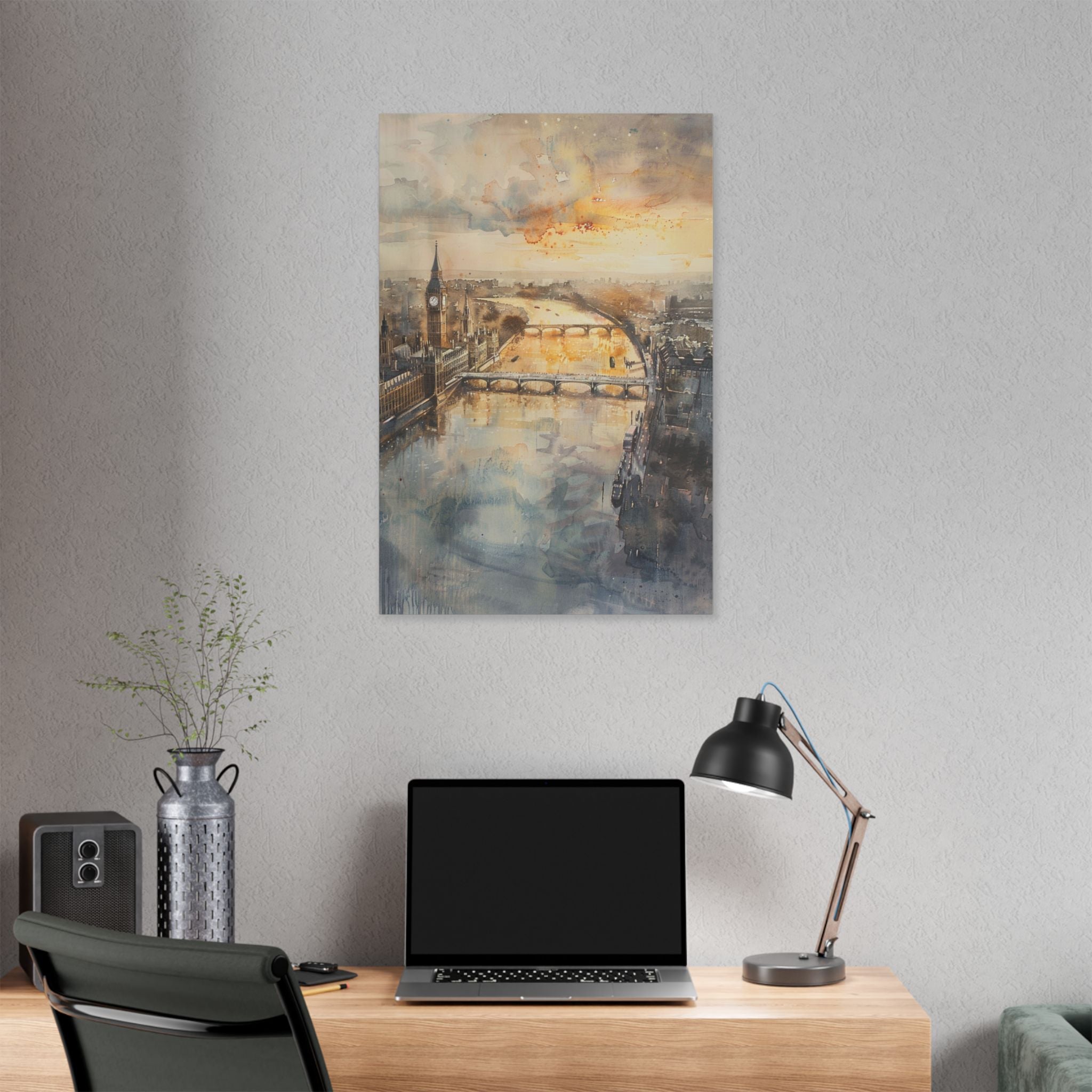 London River Sunset Canvas Print — Watercolor Cityscape Wall Art