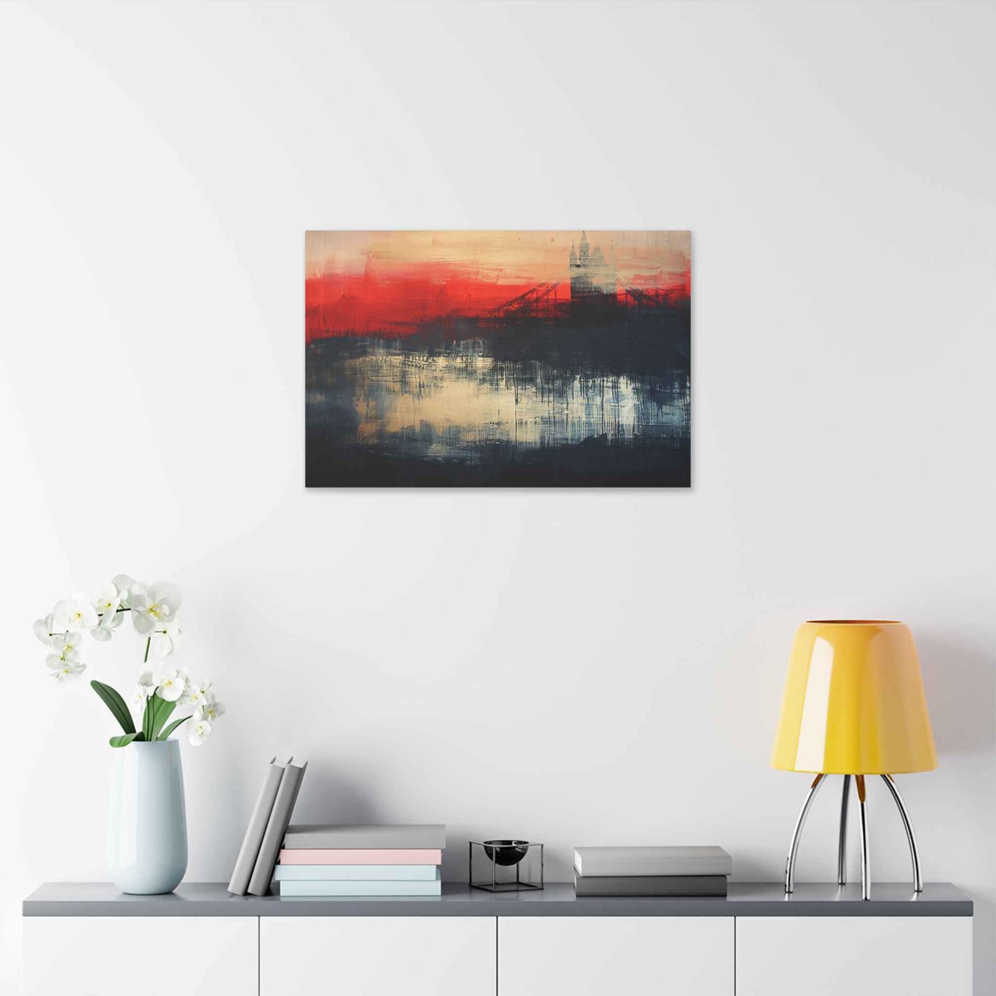 Abstract London Bridge Canvas Wall Art – Red & Navy Stretched Painting