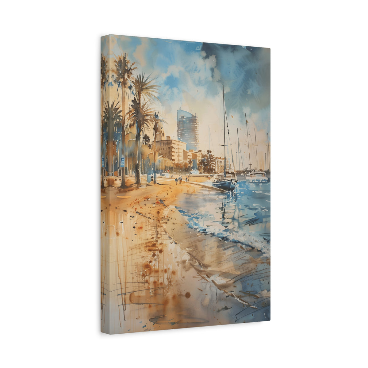 Barcelona Coastal Harbor Beach Stretched Canvas — Seaside Watercolor Wall Art