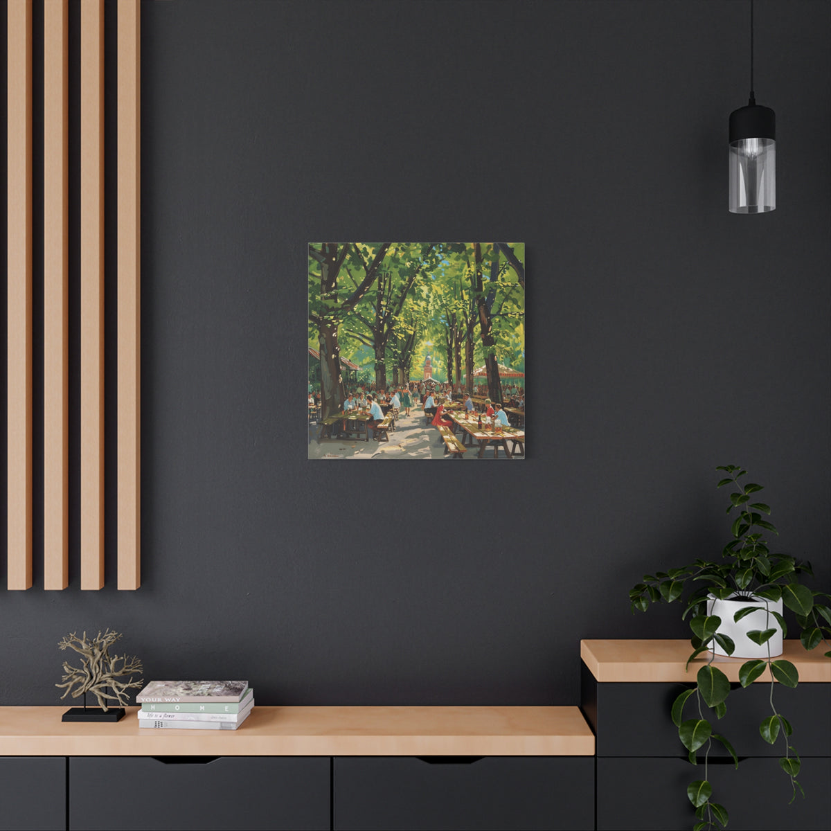 Biergarten Canvas Wall Art — Sunny Tree-Lined Outdoor Market Scene