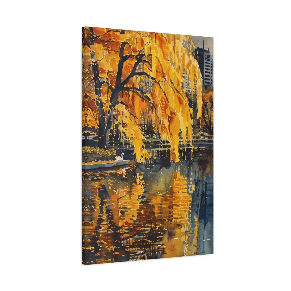 Boston Skyline with Hancock Tower in the background -Autumn Cityscape Canvas - Golden Willow Lake Stretched Wall Art