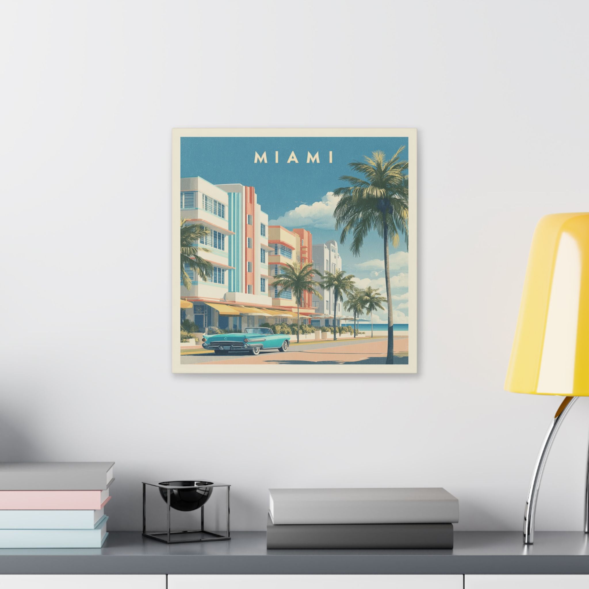 Miami Art Deco Canvas Print — Retro Palm Beach Scene