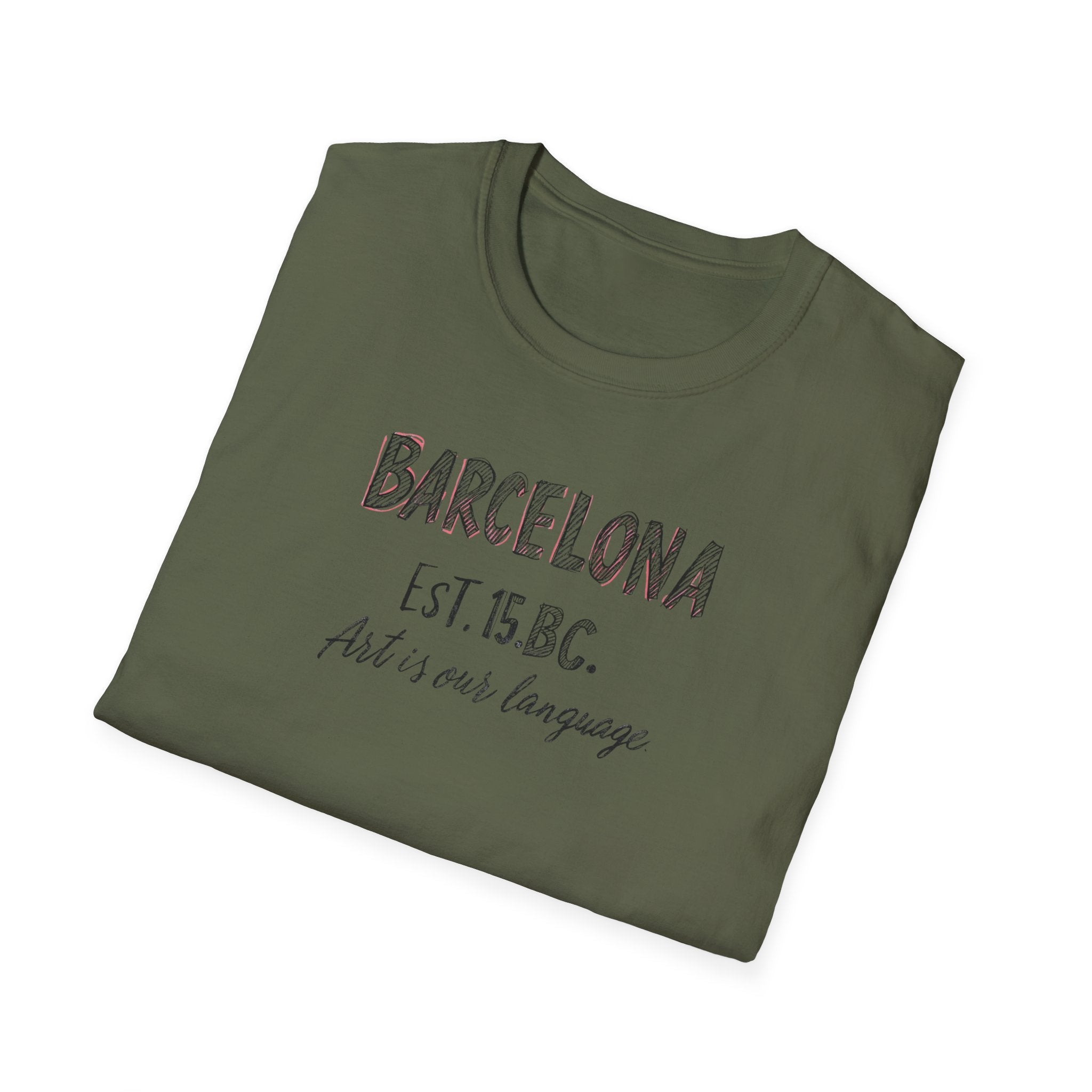 Barcelona Est. 15 B.C. T-Shirt – Vintage Travel Tee with "Art is our language" Script
