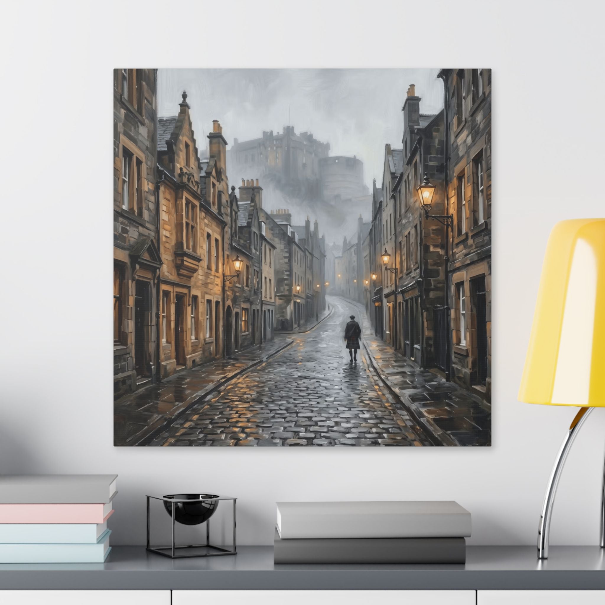 Edinburgh Royal Mile - Canongate to Edinburgh Castle - Vintage Cobblestone Street Canvas — Moody Cityscape Wall Art