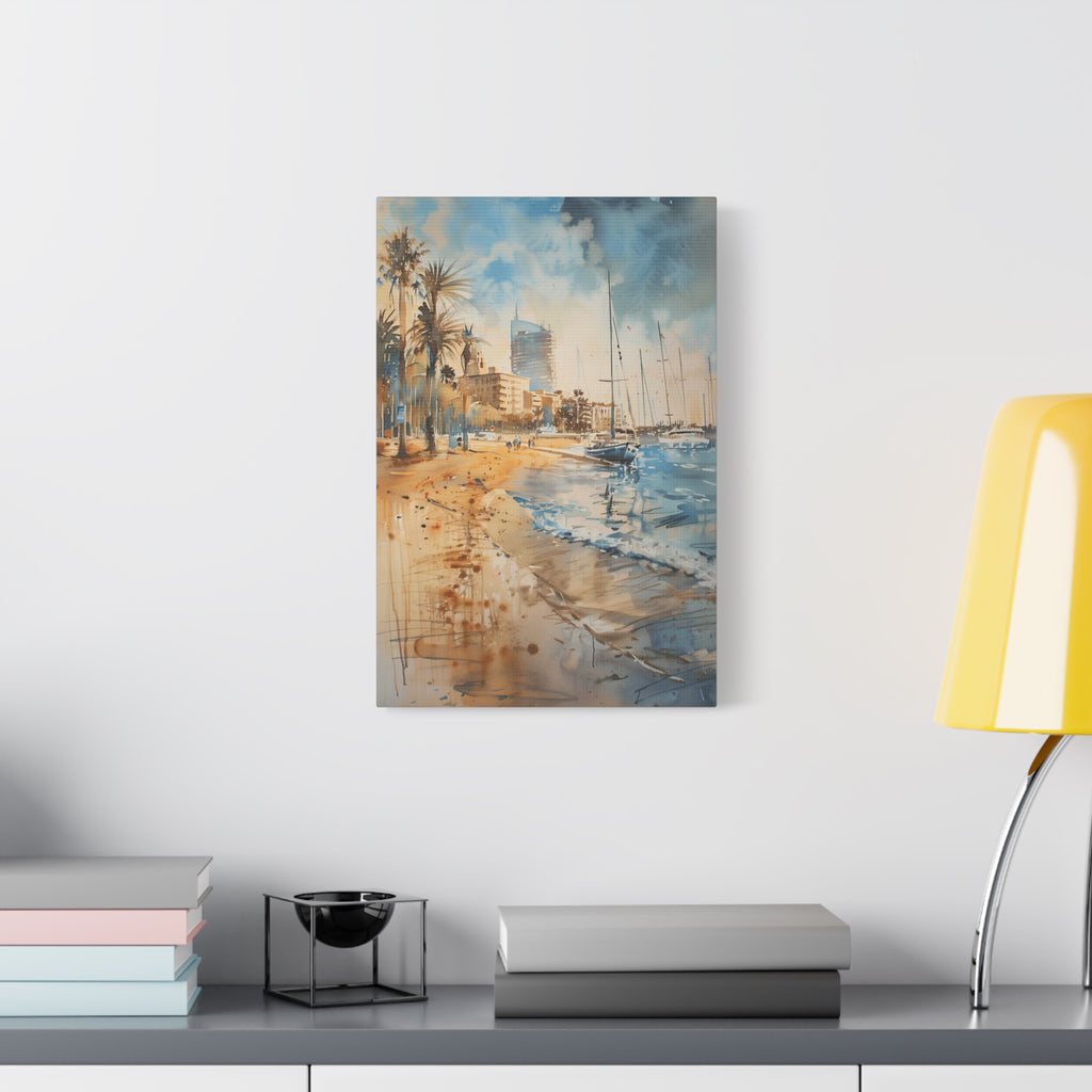 Barcelona Coastal Harbor Beach Stretched Canvas — Seaside Watercolor Wall Art