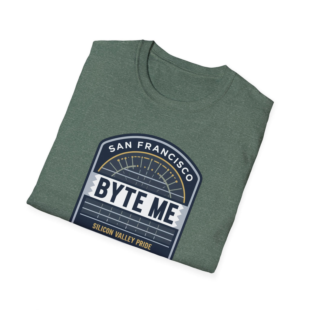 Byte Me San Francisco T-Shirt — Retro Tech Badge Tee (01010)