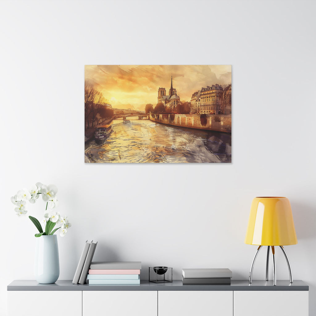 Paris Seine River Canvas Wall Art — Notre Dame Sunset Stretched Canvas