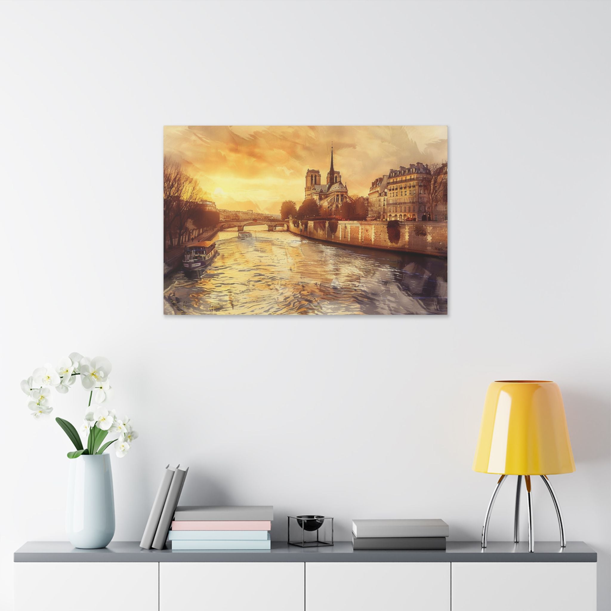 Paris Seine River Canvas Wall Art — Notre Dame Sunset Stretched Canvas