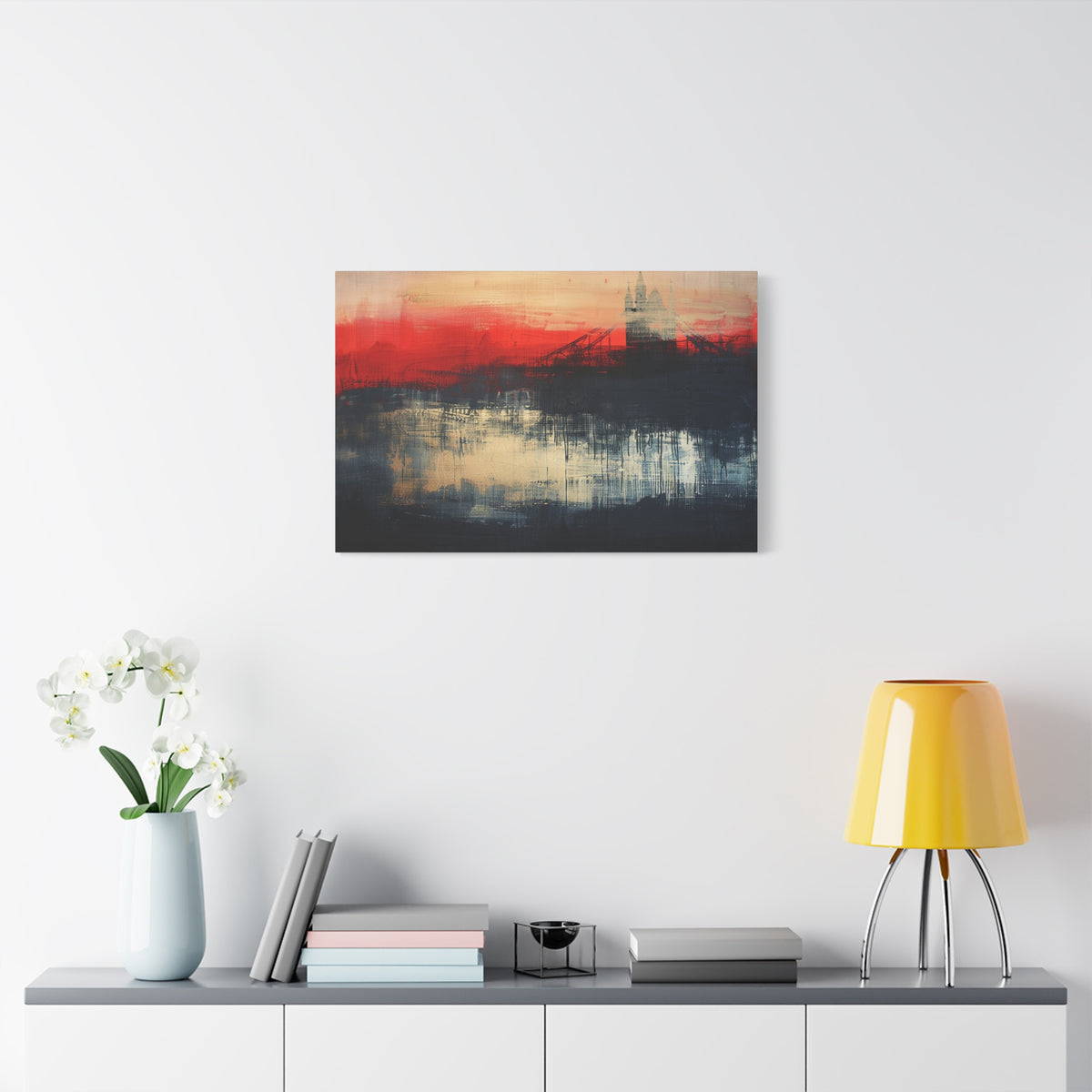 Abstract London Bridge Canvas Wall Art – Red & Navy Stretched Painting