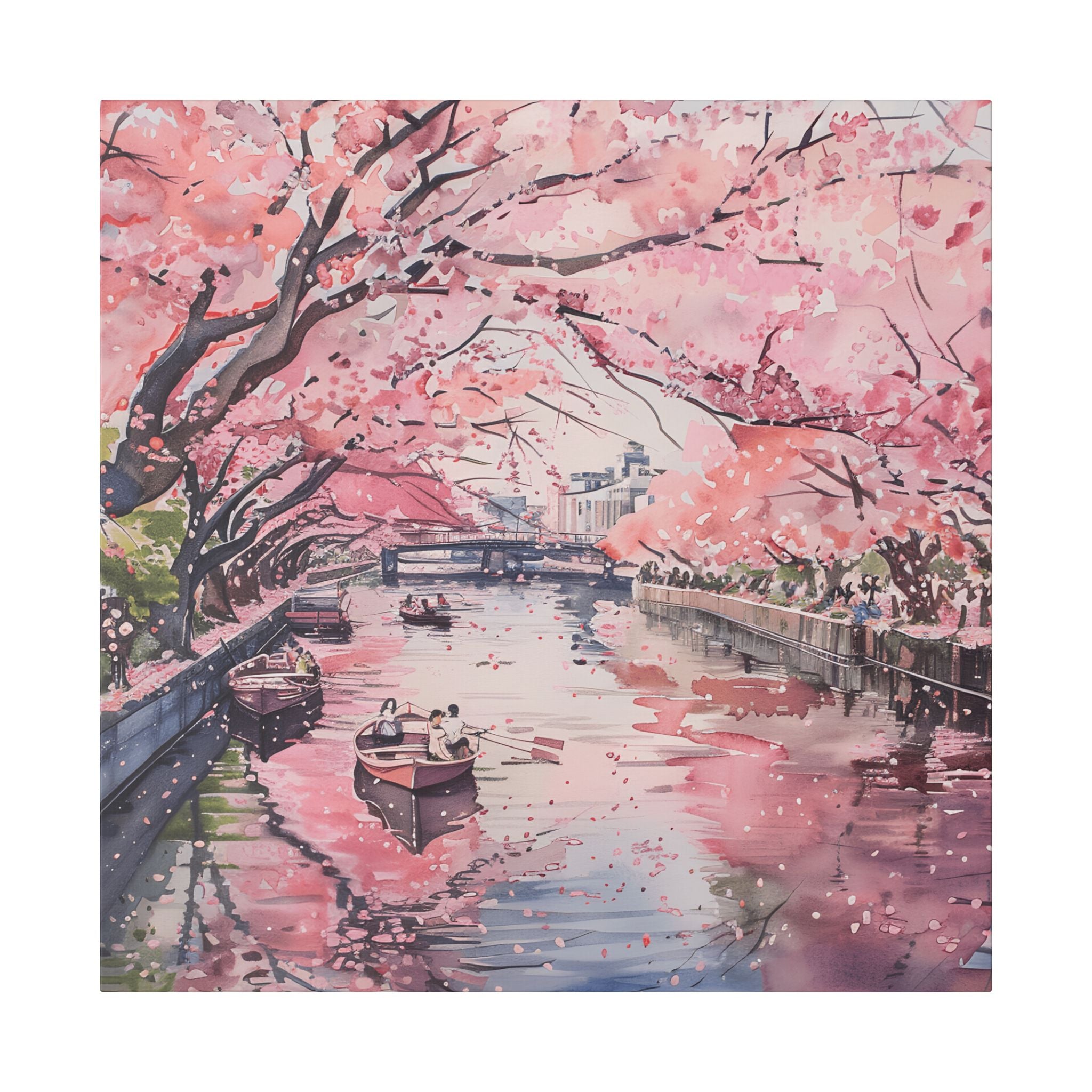 Tokyo Chidorigafuchi - Cherry Blossom Canal Stretched Canvas — Pink Sakura Wall Art