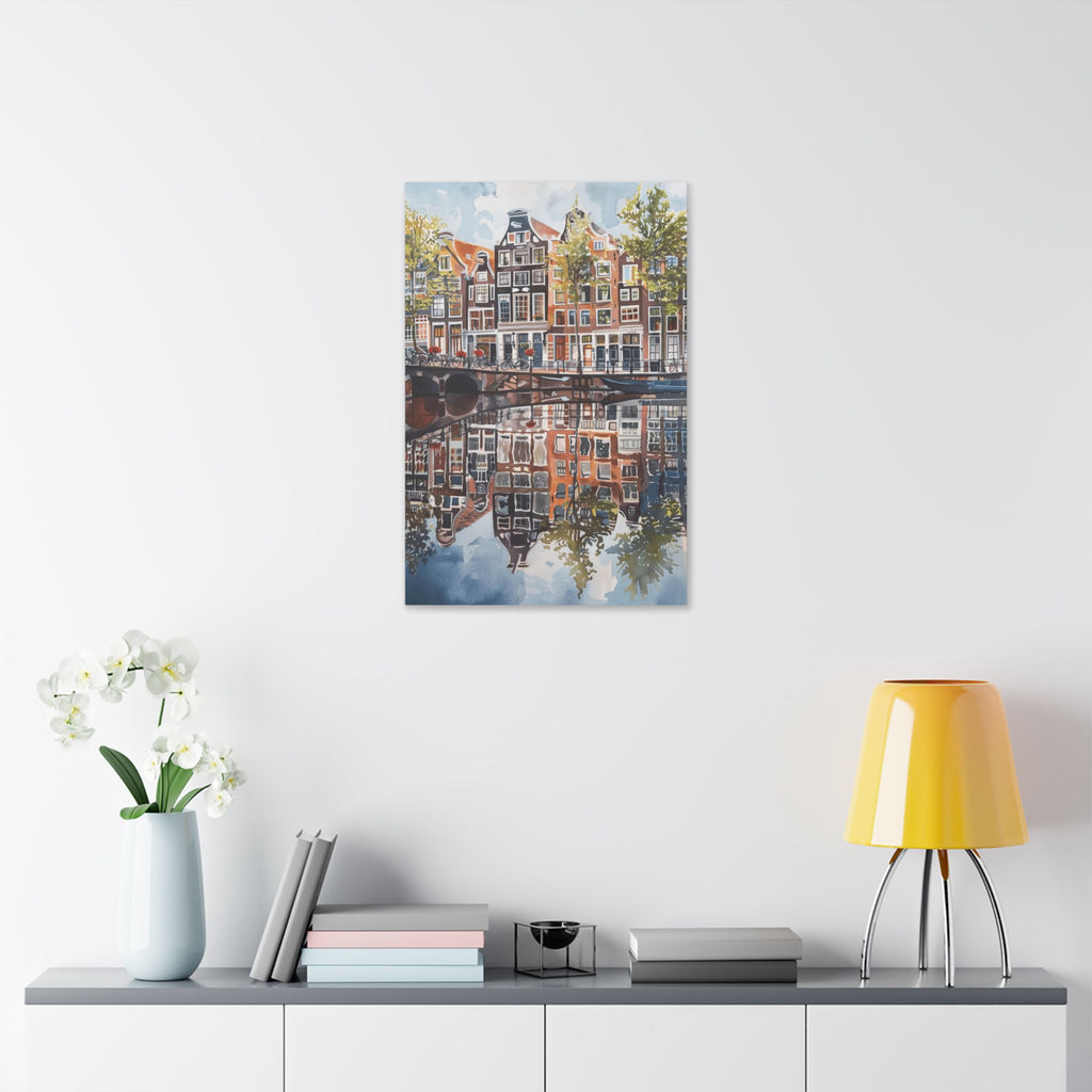 Amsterdam Canal Reflection Canvas Print — European Cityscape Wall Art