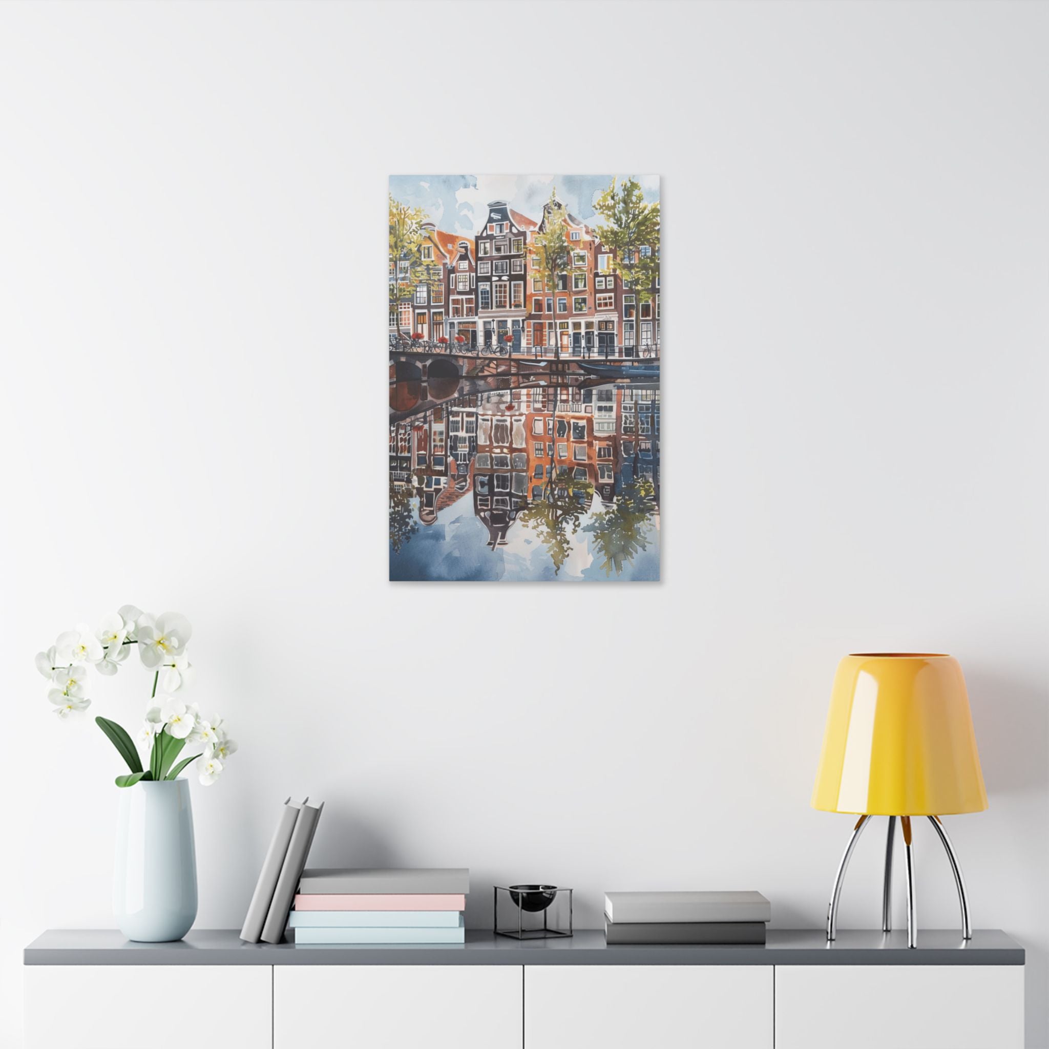 Amsterdam Canal Reflection Canvas Print — European Cityscape Wall Art