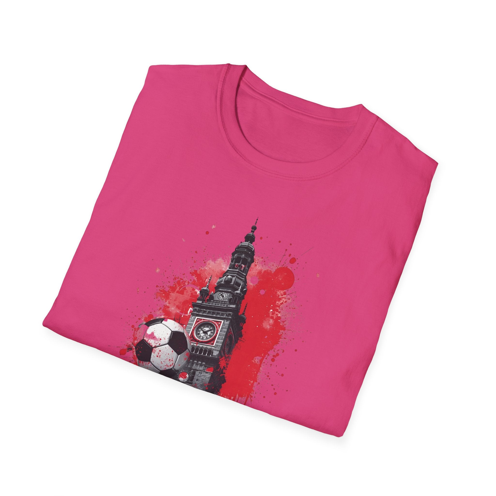 Munich Football Illustration T-Shirt | Soccer Ball, Clock Tower, Red Paint Splatter